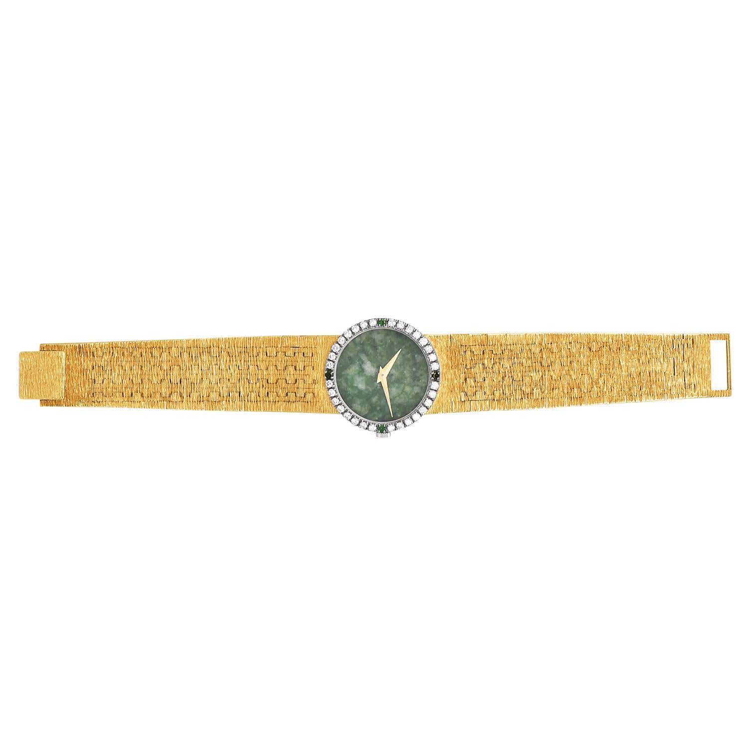 Women's Piaget Ref. 9706 A6 24mm Jade Dial Diamond Emerald 18K Bracelet Watch For Sale