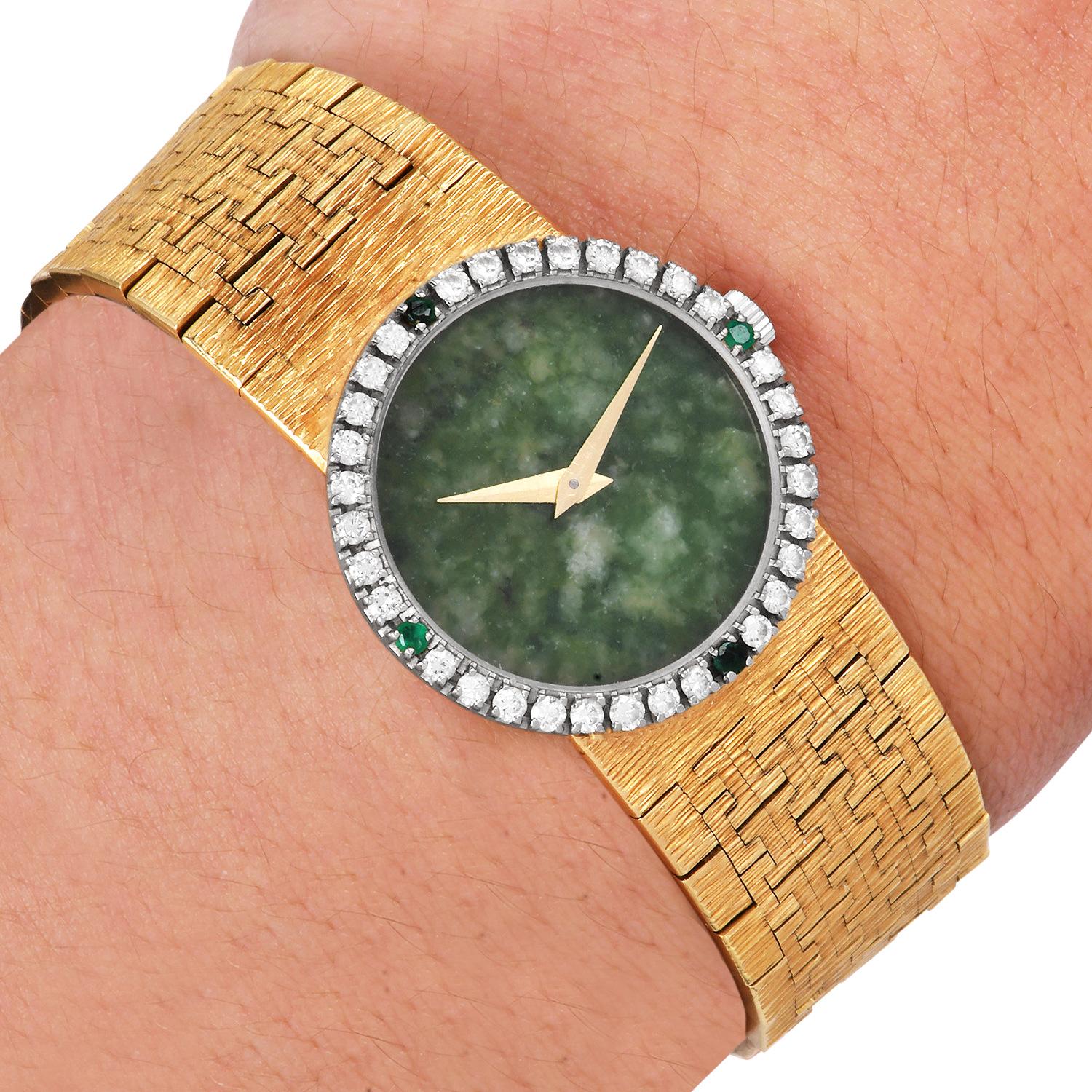 Piaget Ref. 9706 A6 24mm Jade Dial Diamond Emerald 18K Bracelet Watch For Sale 1