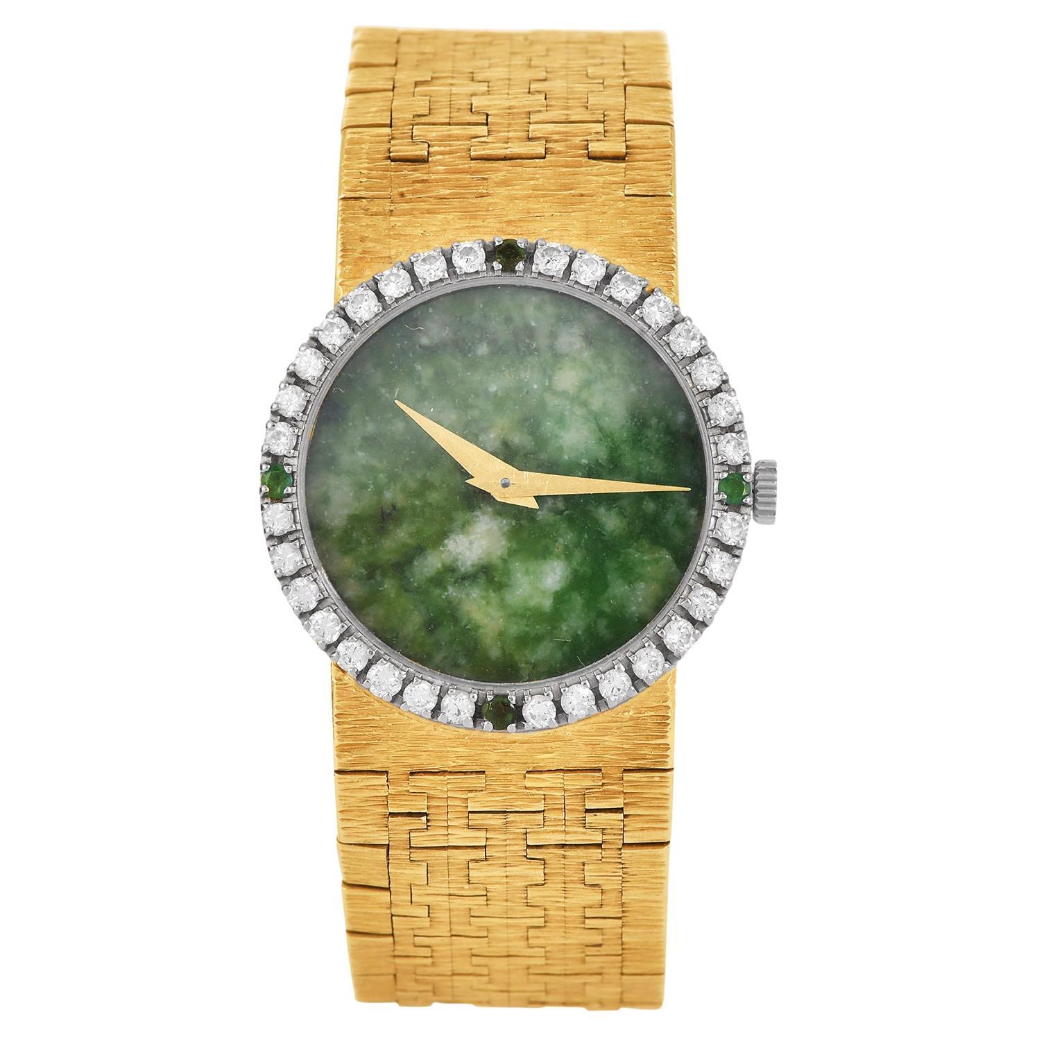 Piaget Ref. 9706 A6 24mm Jade Dial Diamond Emerald 18K Bracelet Watch For Sale