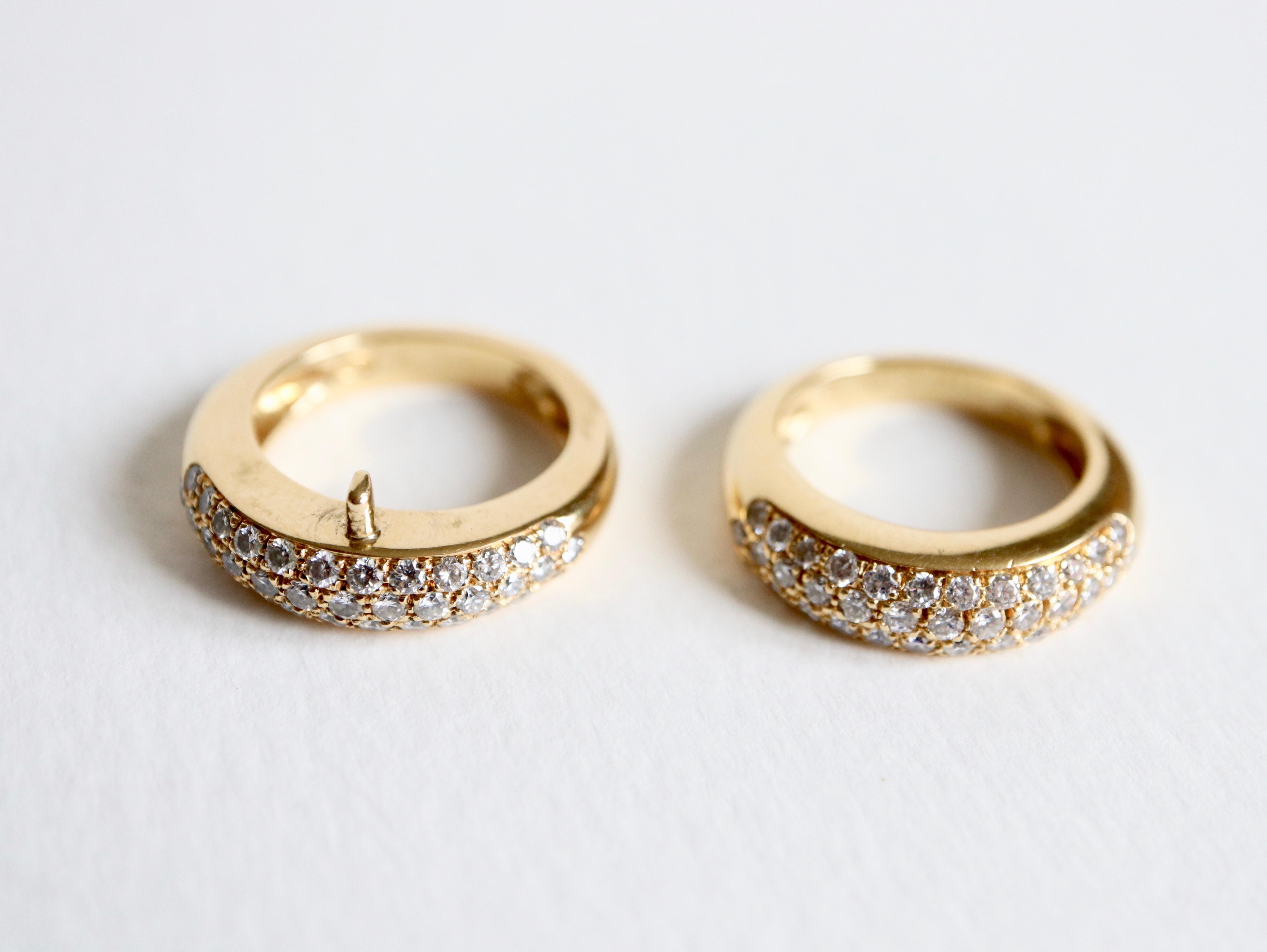 PIAGET Ring aus 18 Karat Gelbgold, bestehend aus zwei Ringen mit je 36 Diamanten mit einem Gewicht von etwa 0,7 Karat, die sich in zwei unabhängige Bänder aufteilen.
Signiert PIAGET 1994 und nummeriert 
Durchmesser: 51 Größe: 16
Breite: 1,2 cm für 2