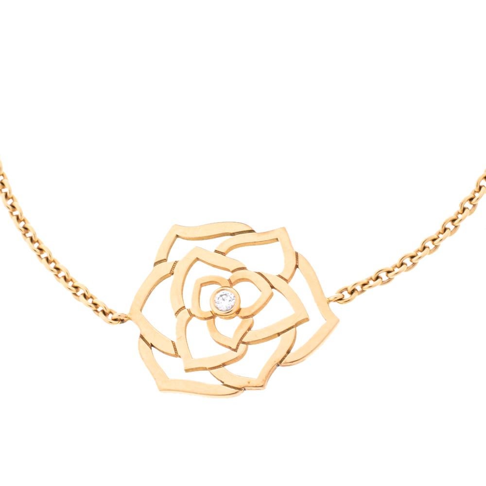 Piaget's Rose collection celebrates the beauty and essence of a rose for it is indeed the most romantic of nature's flowers. This exquisite bracelet successfully transfers that essence into 18K rose gold. A blooming rose with its petals skillfully