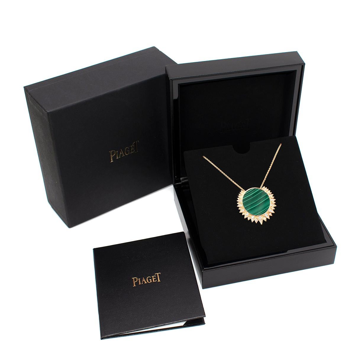Piaget Rose Gold, Diamond and Malachite Sunlight Pendant Necklace

- Current collection
- Malachite encircled with beams of 18-karat rose gold and brilliant-cut diamonds

Materials:
- Malachite
- Rose Gold
- Diamonds