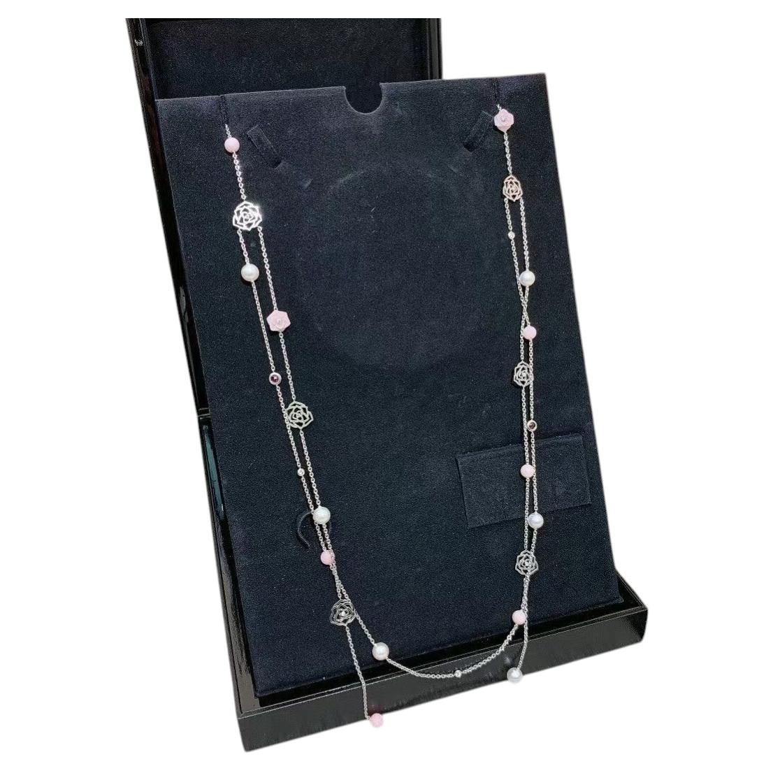 Piaget Rose Pink Opal Pink Tourmaline Pearls Diamonds 18K Gold Necklace For Sale