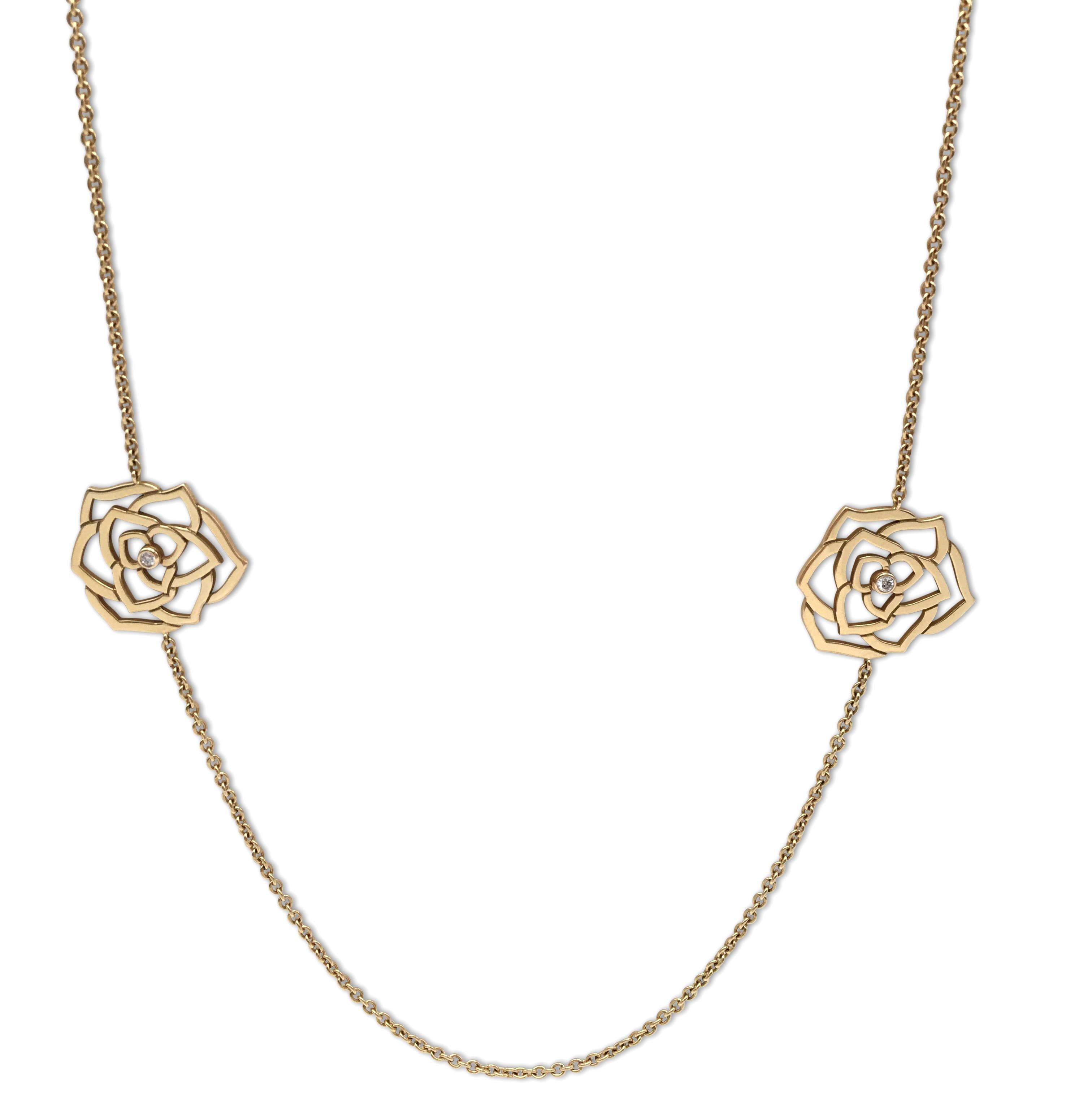 Authentic Piaget necklace from the Rose Collection. Crafted in 18 karat rose gold, the 45-inch chain features 6 intricate petal motifs each set with a round brilliant cut diamond weighing an estimated 0.18 carats total weight. Signed Piaget, Au750,