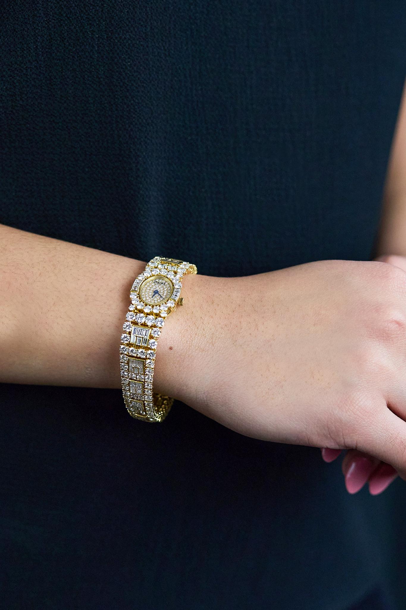 Piaget Round & Baguette Cut Diamond 18K Yellow Gold Watch For Sale 1
