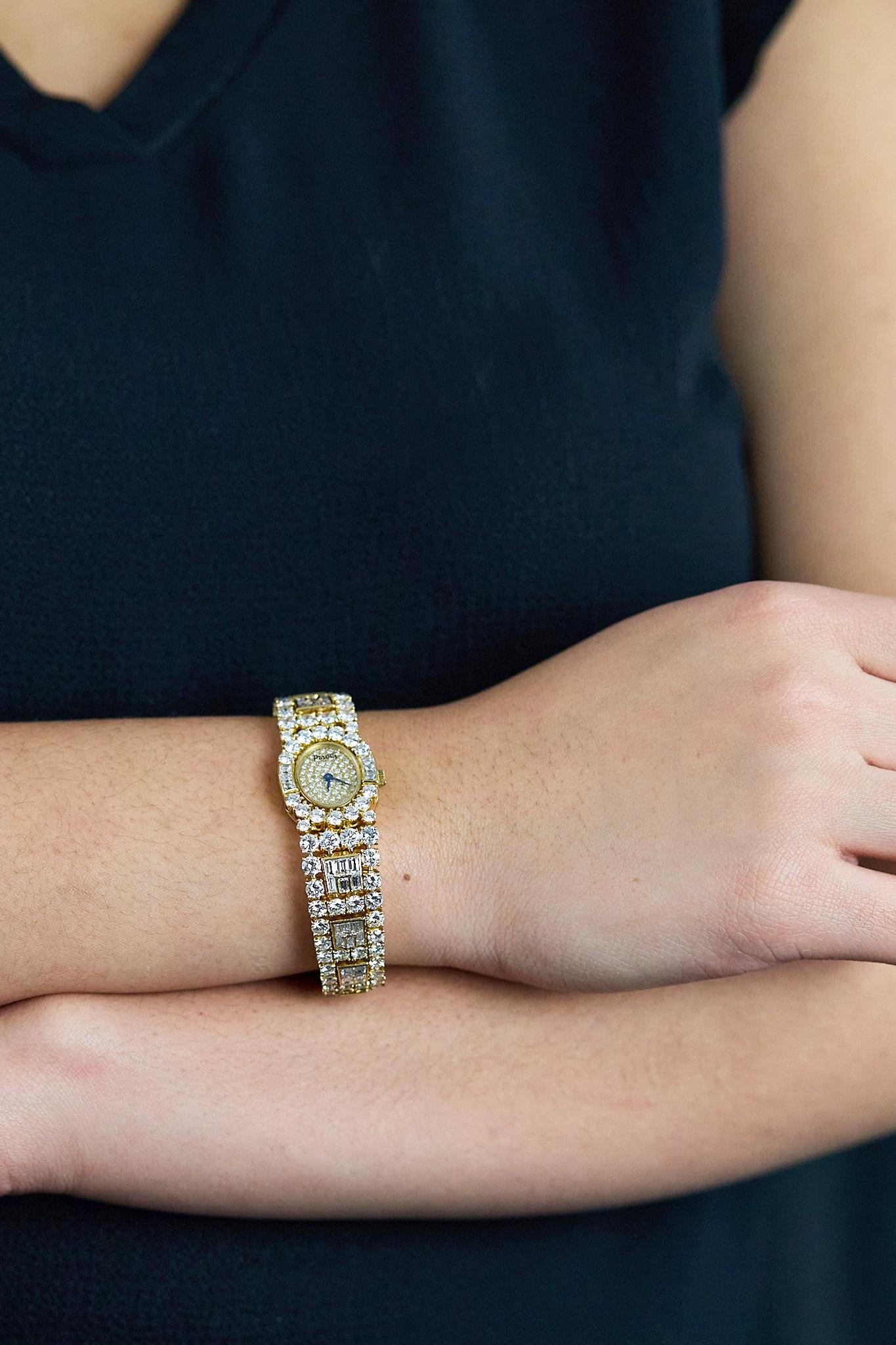Piaget Round & Baguette Cut Diamond 18K Yellow Gold Watch For Sale 2