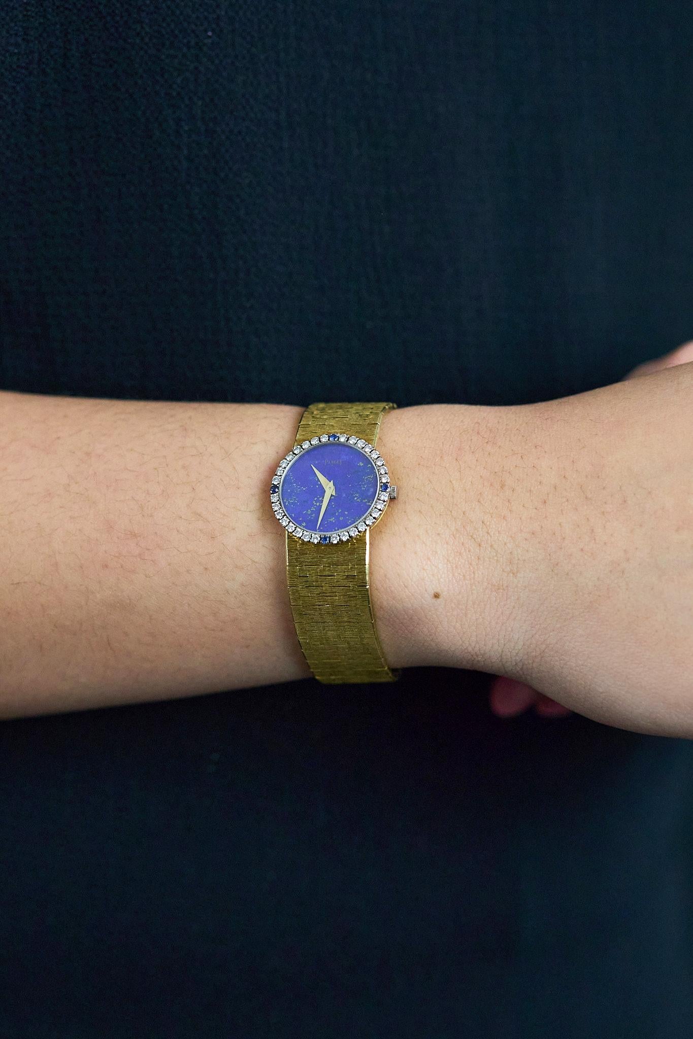 Women's Piaget Round Cut Diamond & Sapphire Lapis Lazuli Ladies' Watch in Yellow Gold For Sale