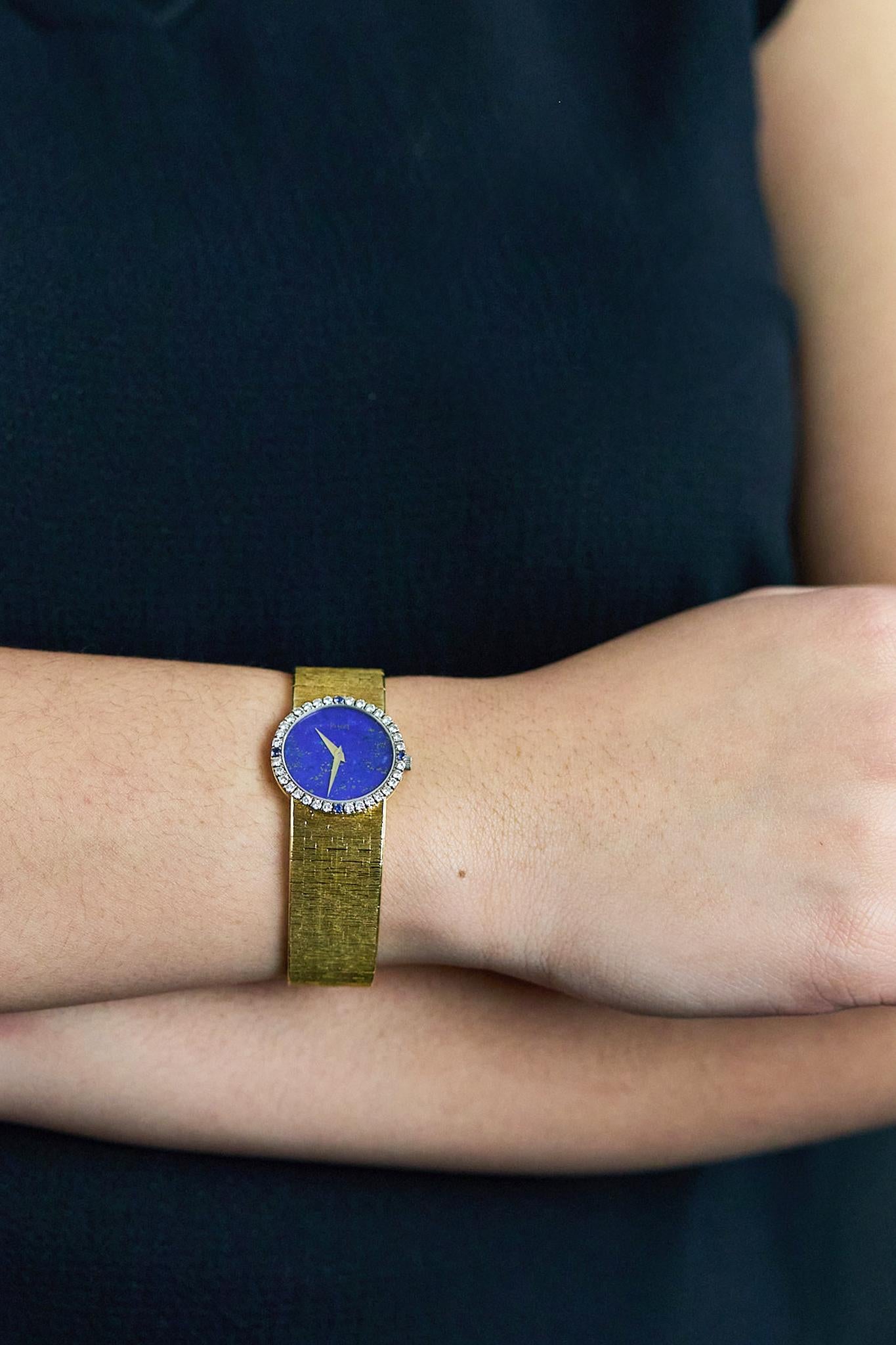 Piaget Round Cut Diamond & Sapphire Lapis Lazuli Ladies' Watch in Yellow Gold For Sale 1