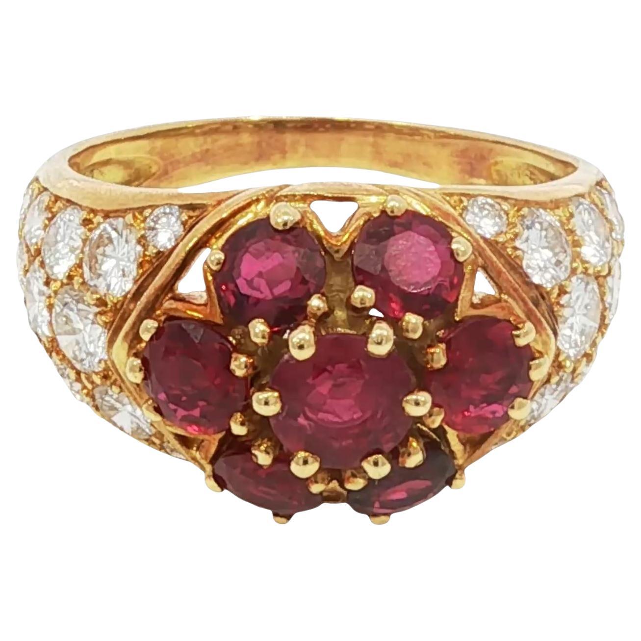 Piaget Ruby Diamond Cluster Ring 18k Yellow Gold Size 7.5 ~4.01ctw en vente