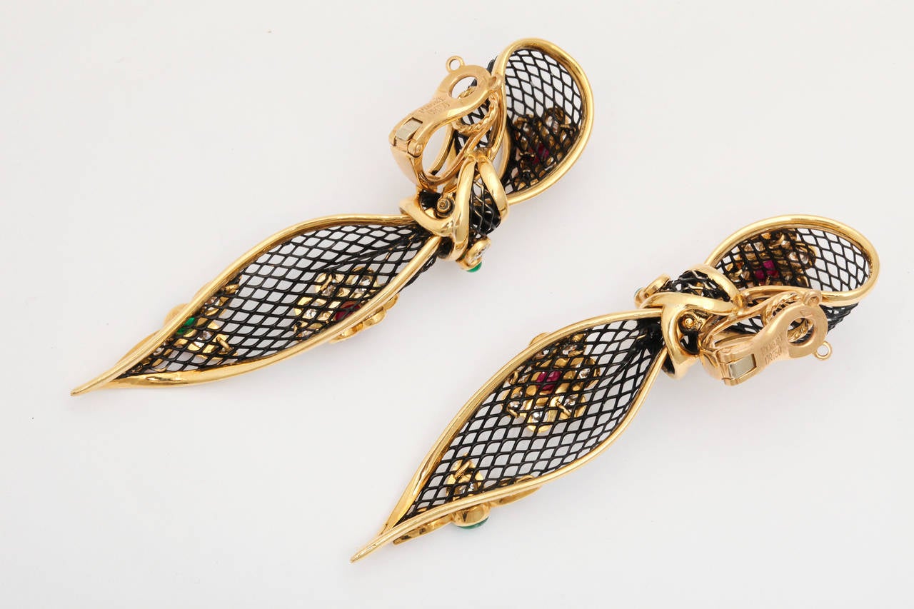 Piaget Ruby Emerald Diamond Flowered Ribbon Gold Ear Clips In Excellent Condition In New York, NY