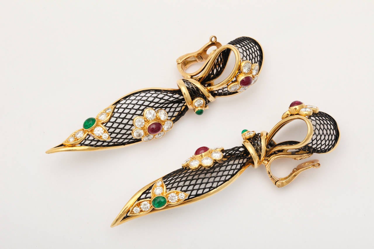 Piaget Ruby Emerald Diamond Flowered Ribbon Gold Ear Clips 1
