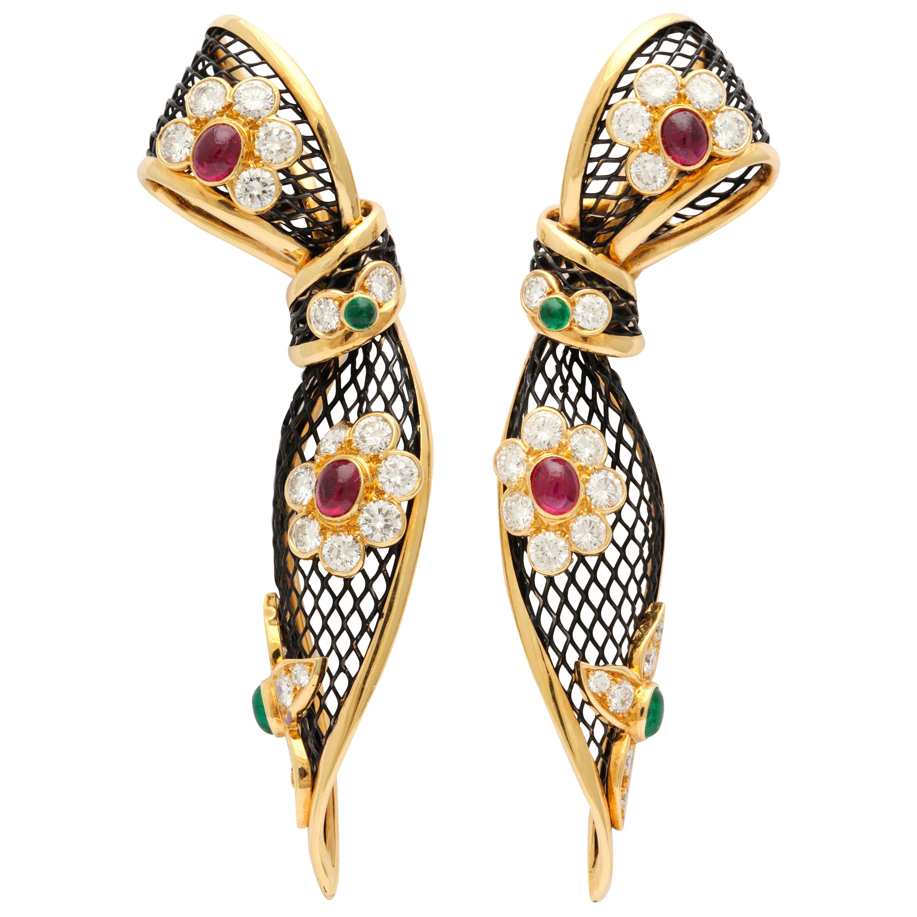 Piaget Ruby Emerald Diamond Flowered Ribbon Gold Ear Clips