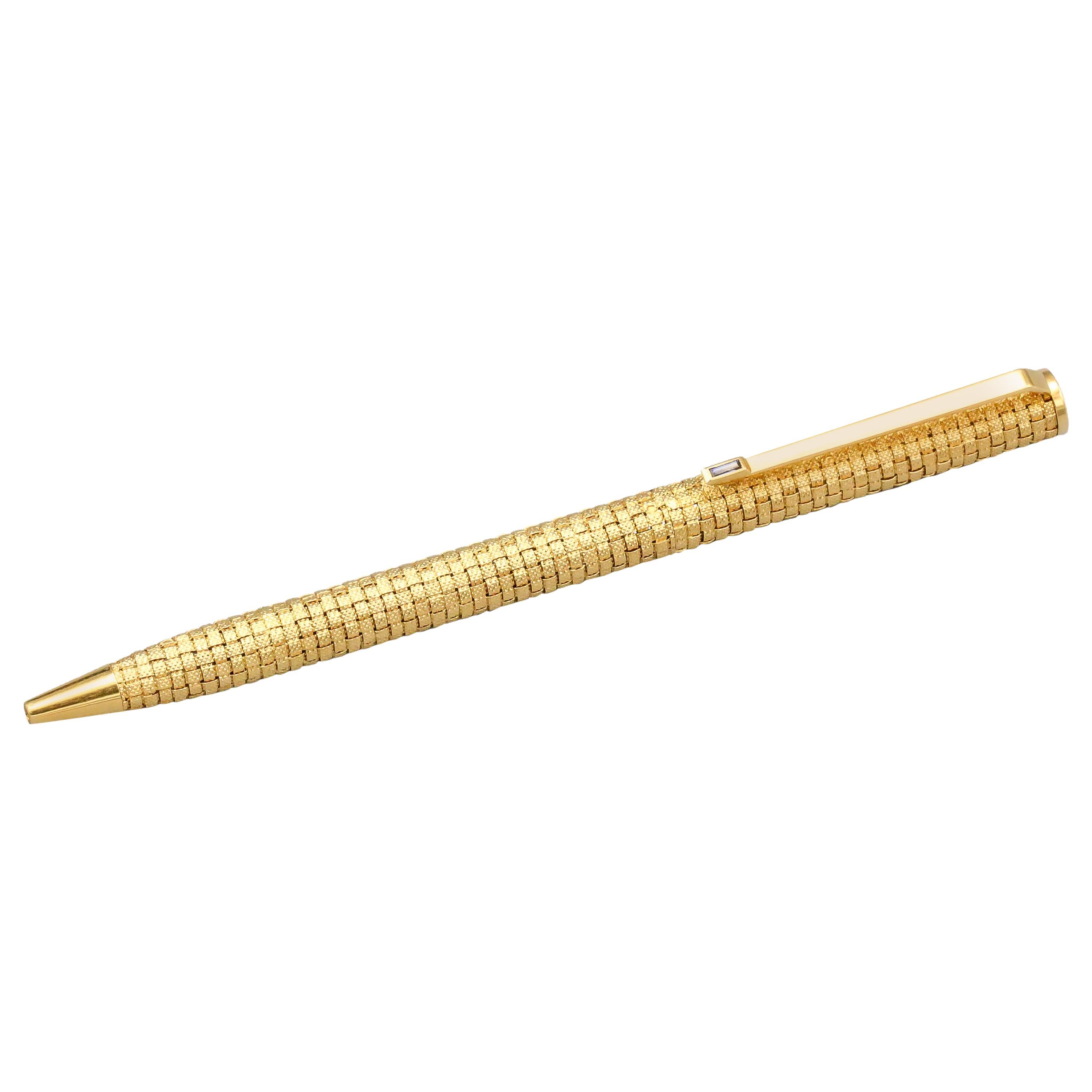 Piaget Sapphire and 18 Karat Gold Basket Weave Ballpoint Pen
