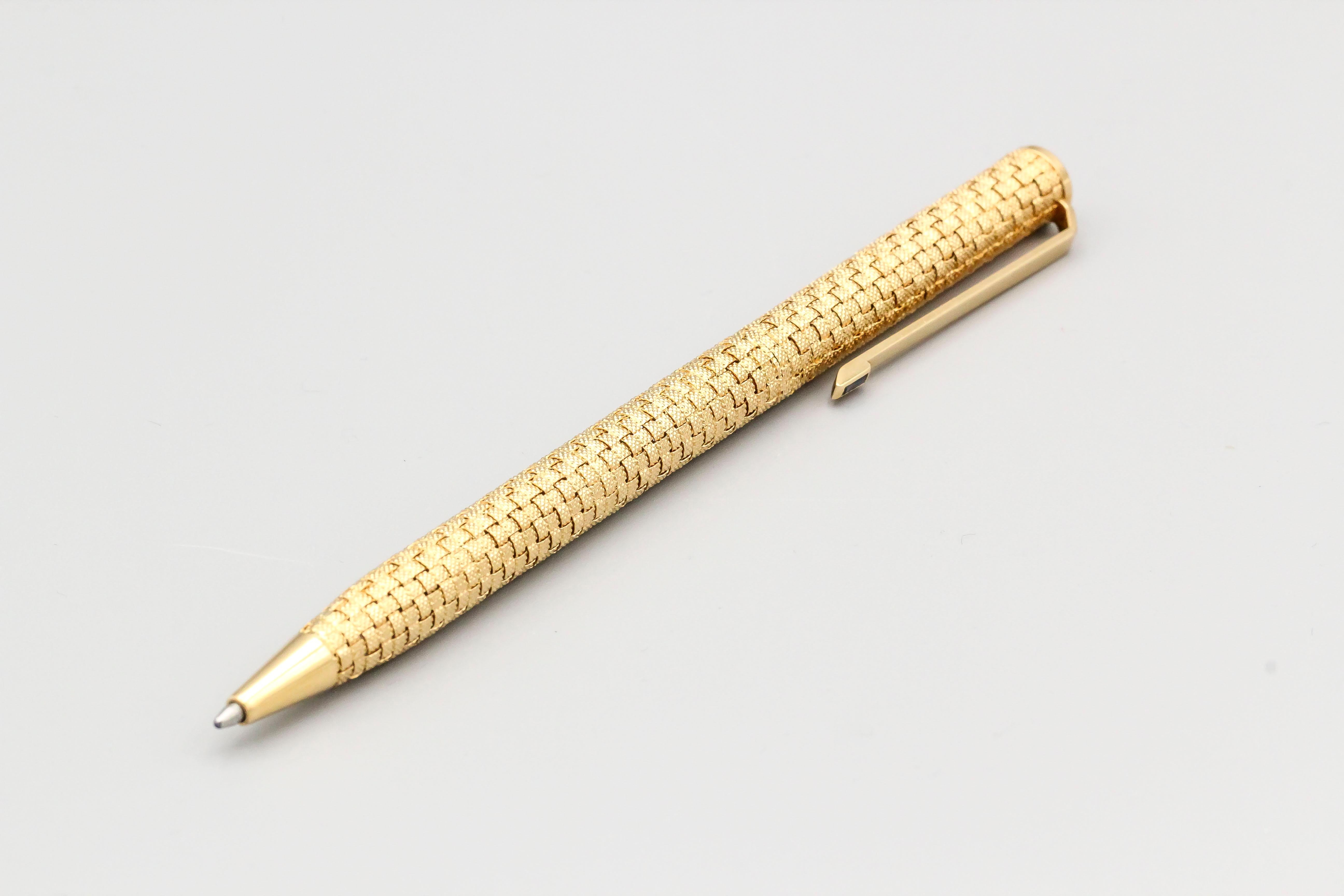Piaget Sapphire and 18 Karat Gold Basket Weave Ballpoint Pen In Good Condition In New York, NY
