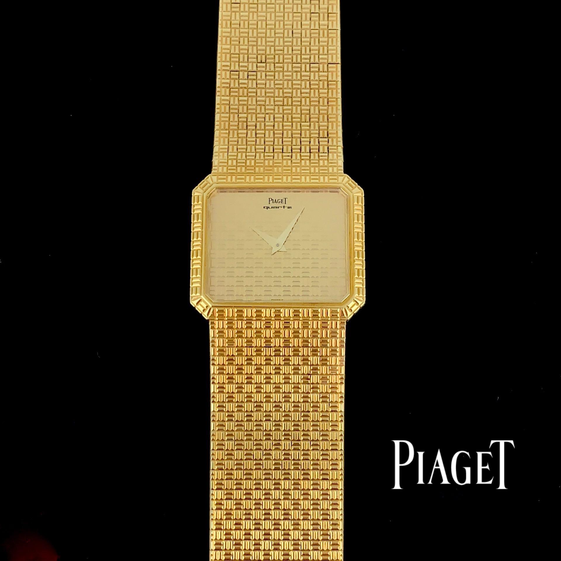 This vintage Piaget C121c5 quartz watch is all made with 18K yellow gold. It is pretty for men and ladies as well. 

Total Weight:	102.1 g

Metal:		18K yellow gold. Case + Strap + Crown + Dial

Hallmarks:	