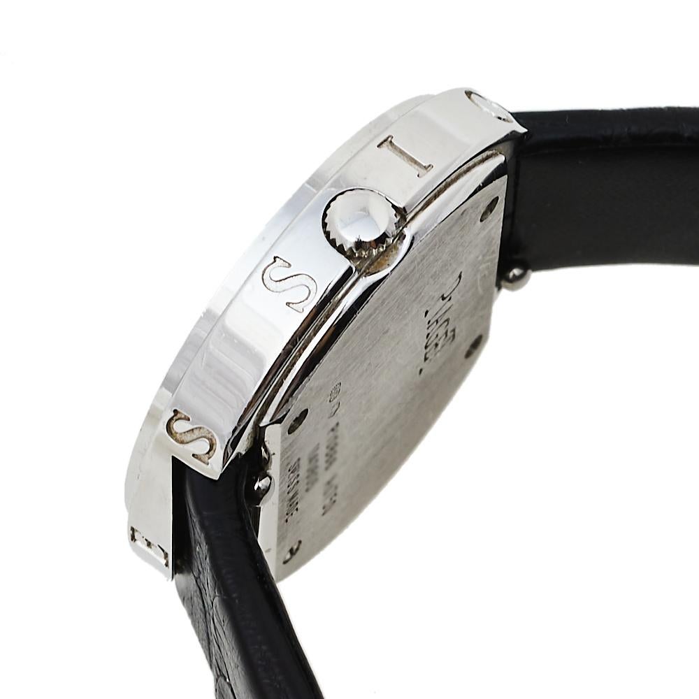 Contemporary Piaget Silver 18K White Gold Leather Diamonds Women's Wristwatch 29 mm