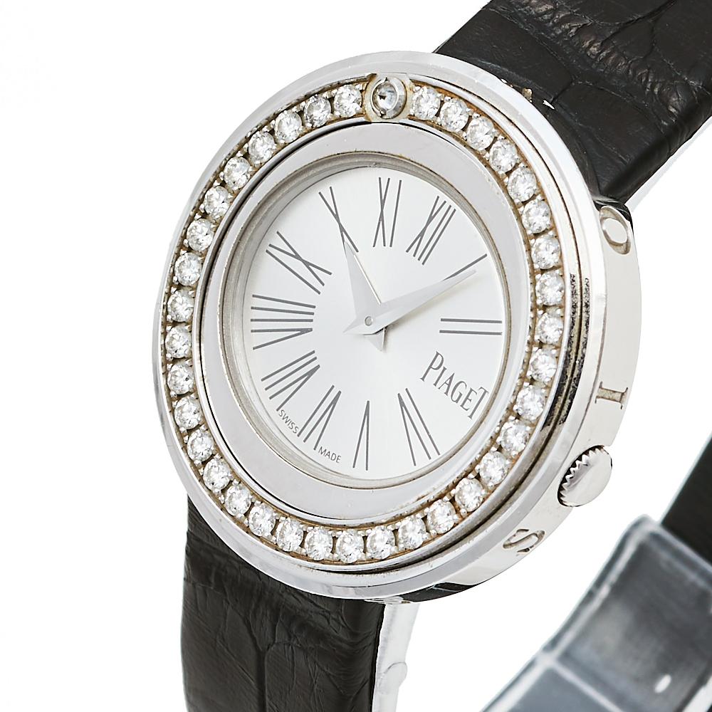 Piaget Silver 18K White Gold Leather Diamonds Women's Wristwatch 29 mm 2