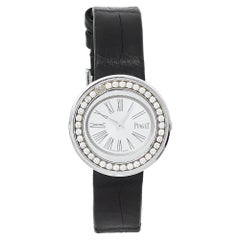 Piaget Silver 18K White Gold Leather Diamonds Women's Wristwatch 29 mm