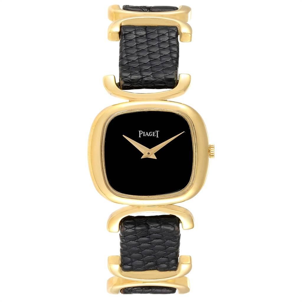 Piaget Solo Tempo Yellow Gold Black Onyx Dial Vintage Ladies Watch 9451. Manual winding movement. 18k yellow gold slim case 26.0 x 23.0 mm. Mineral glass crystal. Black onyx dial with yellow gold hands. Black leather strap with 18k yellow gold tang