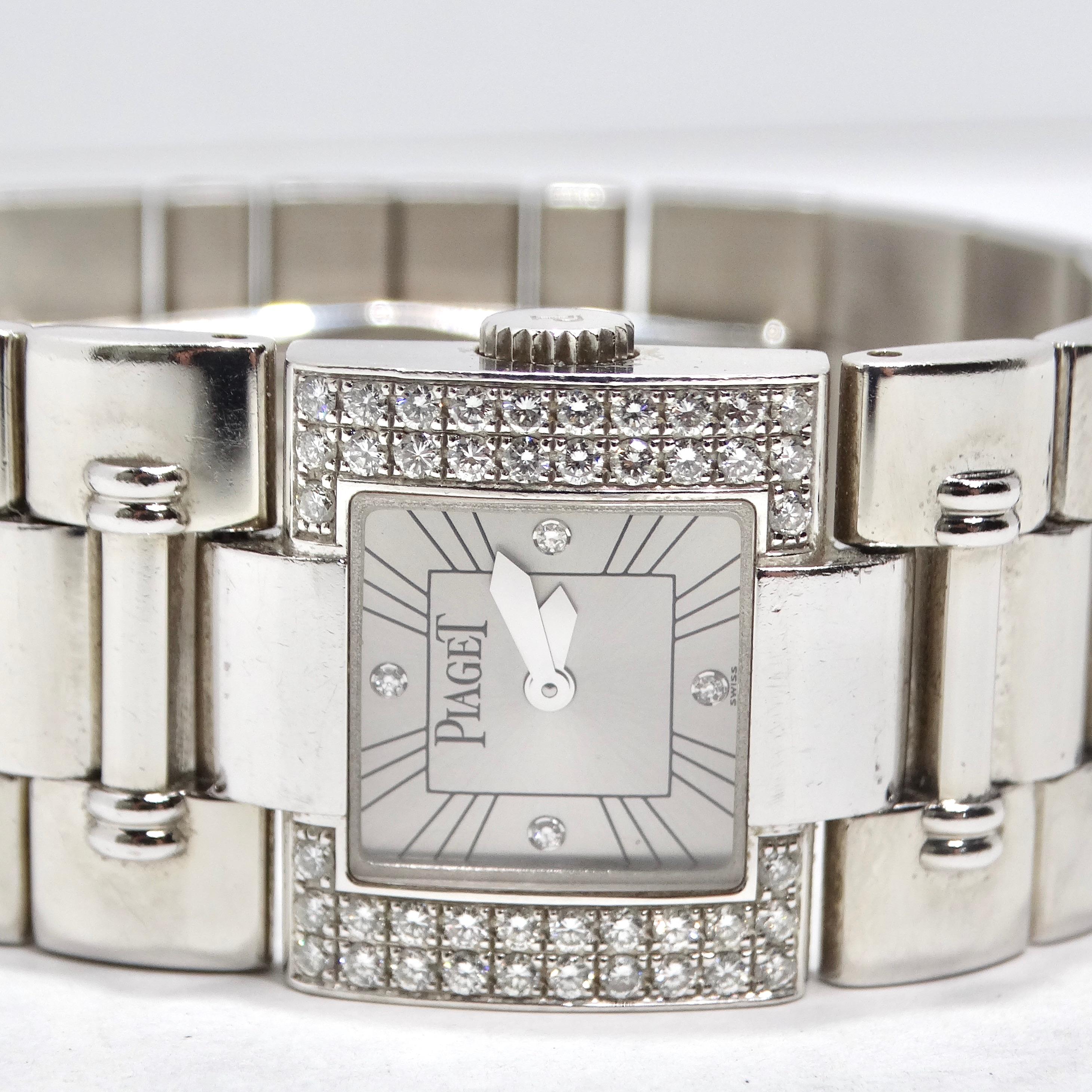 Verpassen Sie nicht die Piaget Square Dancer Diamond Bezel White Gold Watch, ein wahres Meisterwerk der Uhrmacherkunst und ein Symbol des Luxus. Diese aus Weißgold gefertigte Uhr verkörpert zeitlose Eleganz und Raffinesse. Ihr klassisches Design