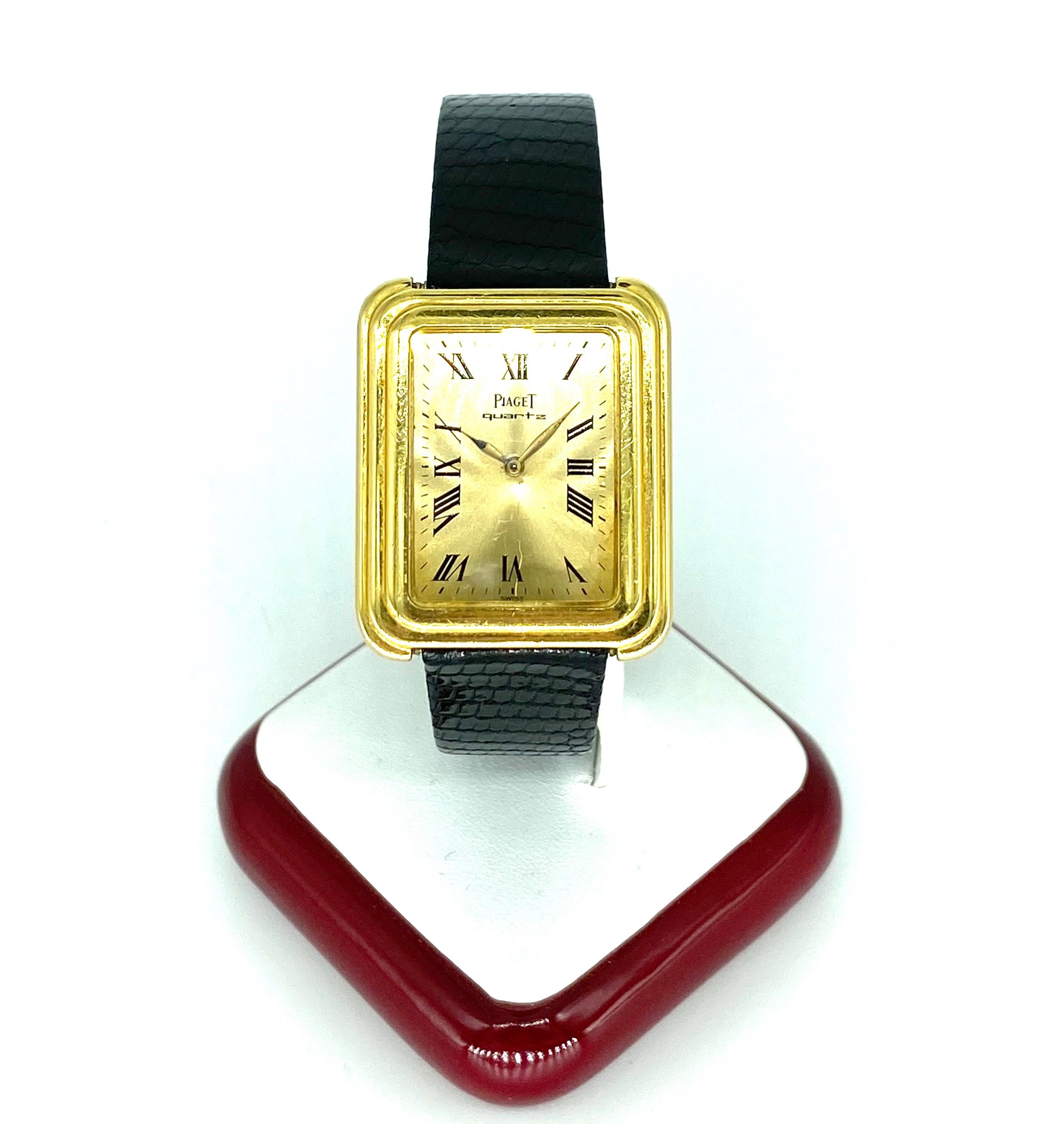 Vintage man’s Piaget 18K gold rectangular dress watch with pronounced stepped case design, original champagne dial with printed black Roman figures and blued steel leaf style hands. Case measures 28 x 33mm with flat sapphire crystal and with back