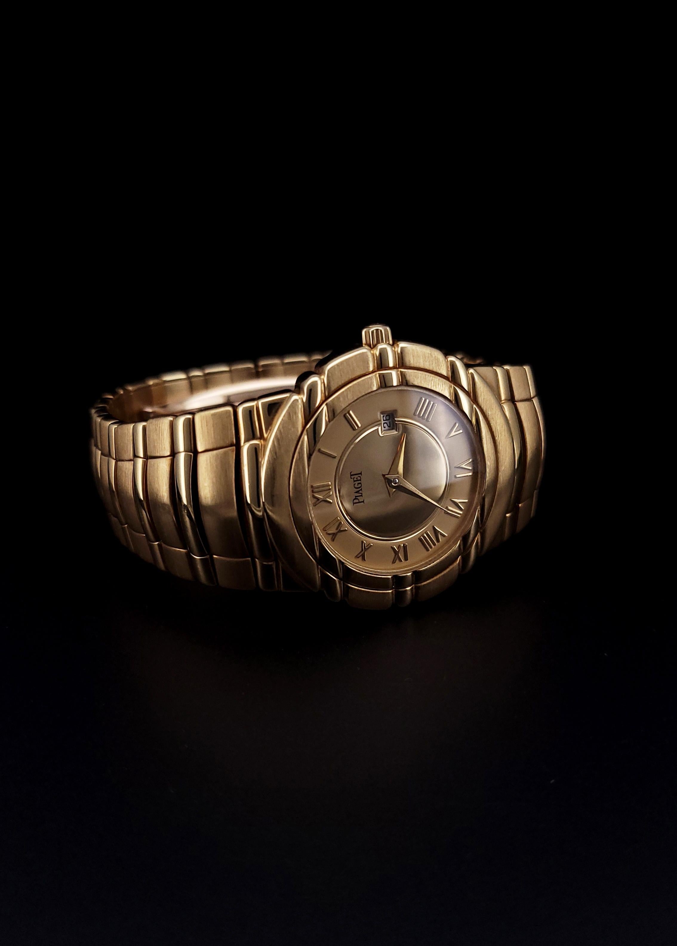 PIAGET TANAGRA 18K YELLOW GOLD WATCH
Ref#: 17041M401D

Condition: Like-New
Model: Piaget Tanagra
Material: 18k Solid Yellow Gold
Case Size: 33mm
Movement: Swiss Quartz
Wrist Size: 7