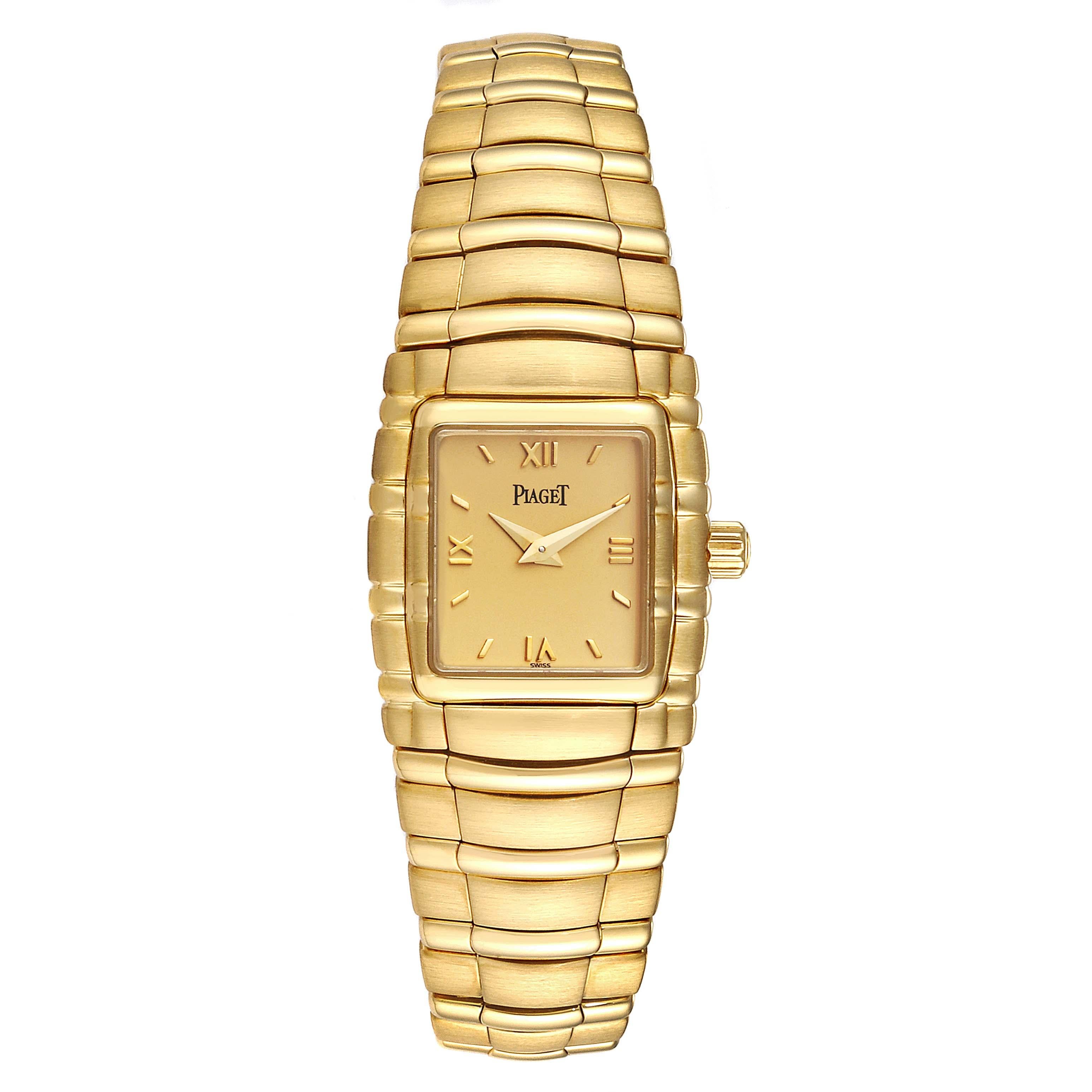 Piaget Tanagra 18K Yellow Gold Mechanical Ladies Watch M411. Manual-winding movement. Brushed and polished 18k yellow gold touneau case 24.7 x 21.0 mm. 18K yellow gold ribbed bezel. Scratch resistant sapphire crystal. Champagne dial with roman