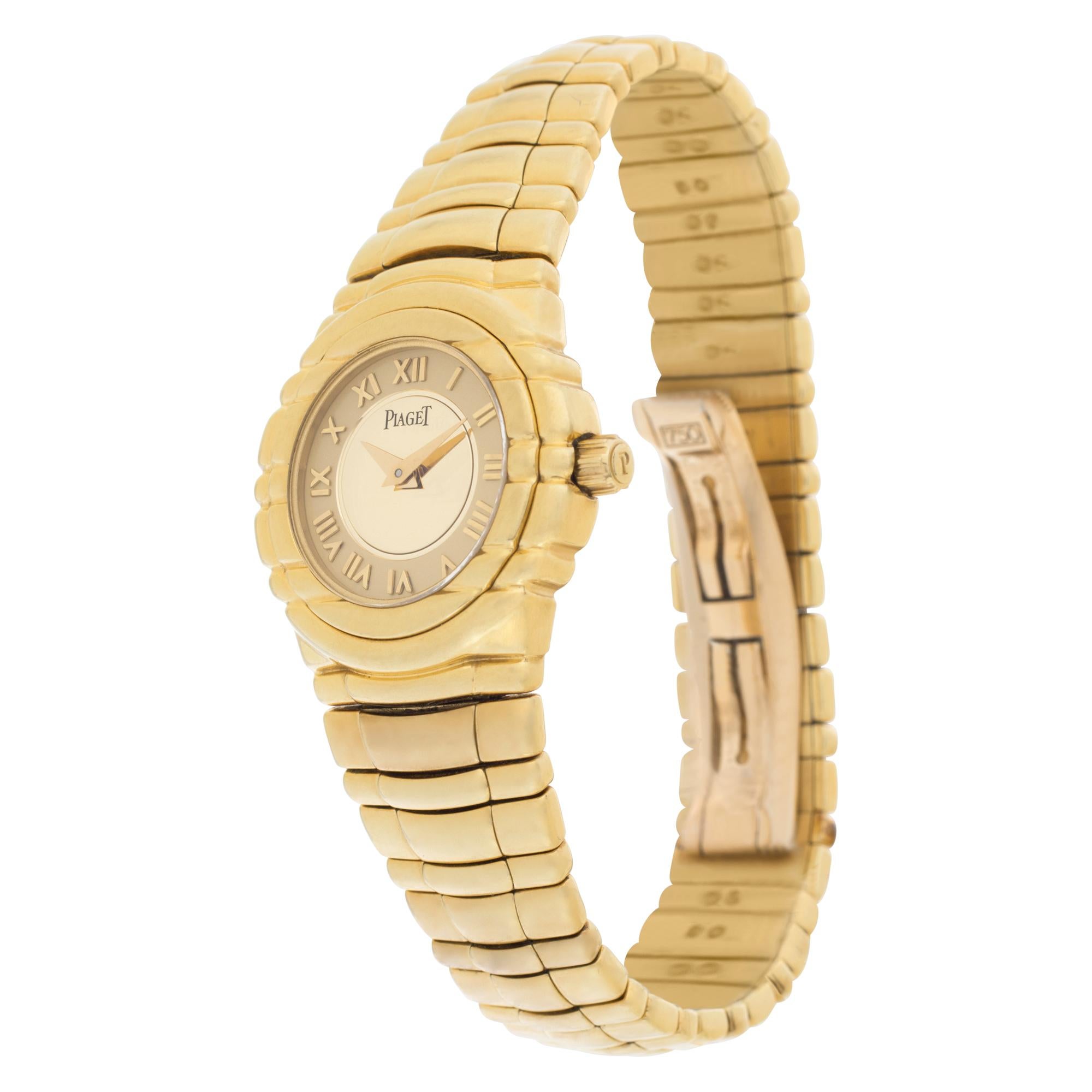 Piaget Tanagra in 18k yellow gold with Roman numeral dial. Quartz. 25 mm case size. Complete with box & papers. Ref 16031M401D. Fine Pre-owned Piaget Watch.

Certified preowned Dress Piaget Tanagra 16031M401D watch is made out of yellow gold on a