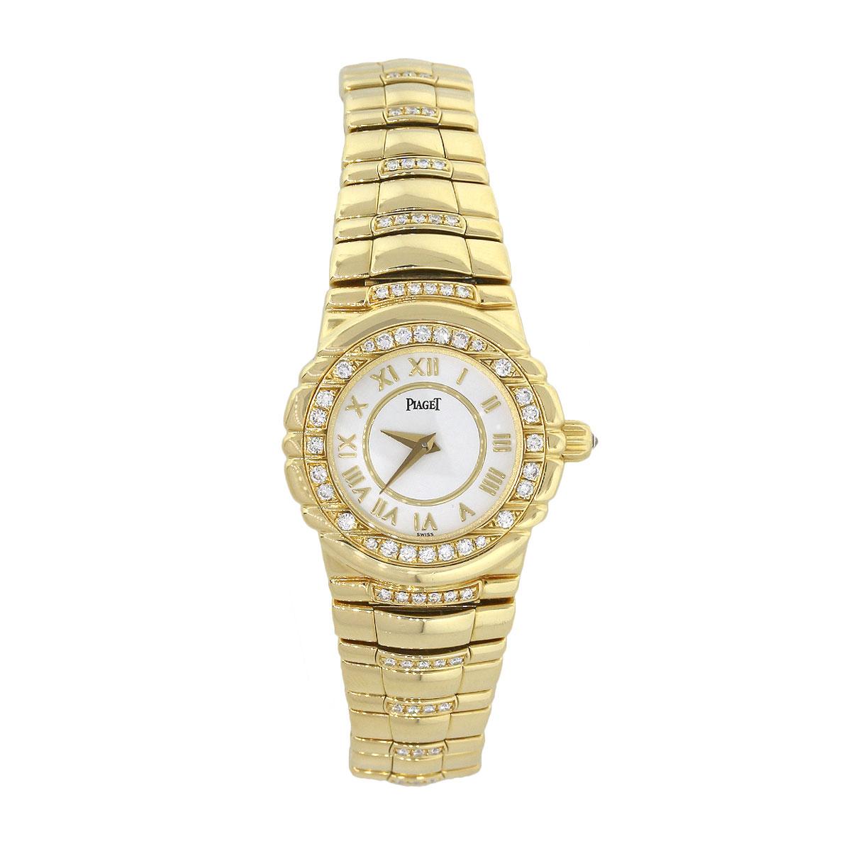 Brand: Piaget
Case Material: 18k yellow gold
Case Diameter: 21mm
Crystal: Sapphire crystal
Bezel: 18k yellow gold with diamond bezel
Dial: White Dial with yellow gold roman numerals
Bracelet: 18k yellow gold with diamonds
Size: This will fit a 6″