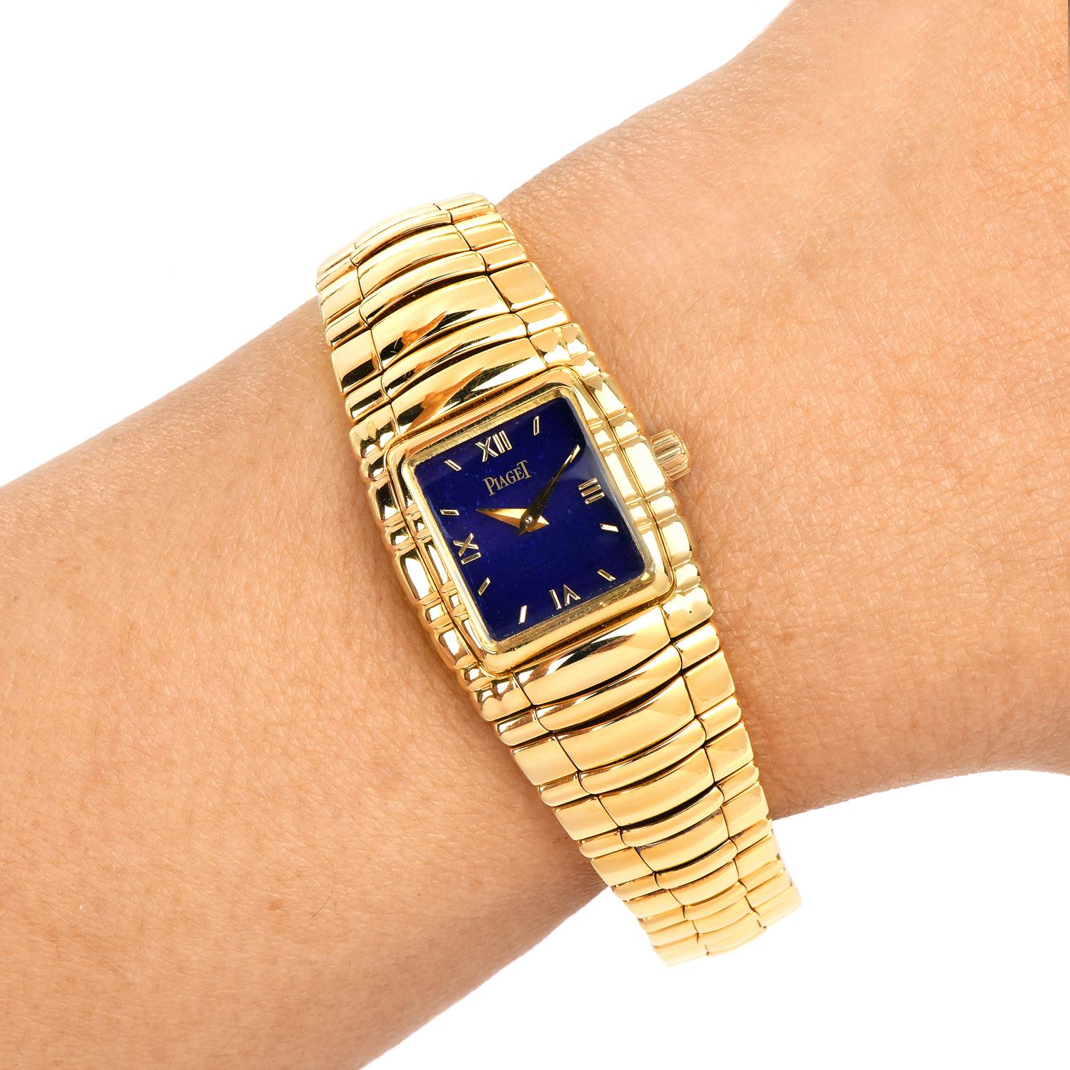Retro Piaget Tanagra Ref 16051 M 401 D 18k Ladies Lapis Dial Gold Watch For Sale