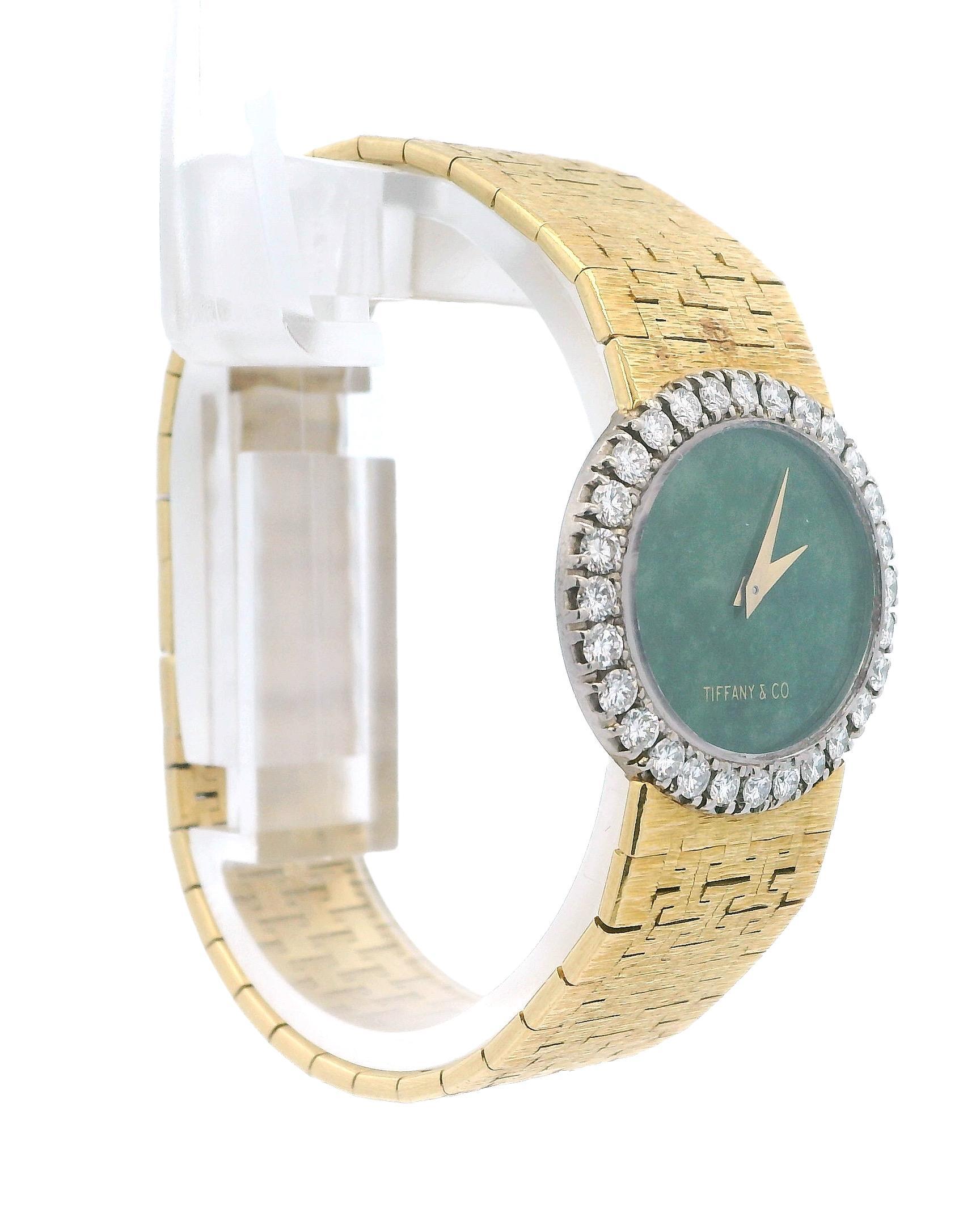 Round Cut Piaget Tiffany &Co Jade Dial Diamond Bezel Mesh Bracelet in 18K Yellow Gold