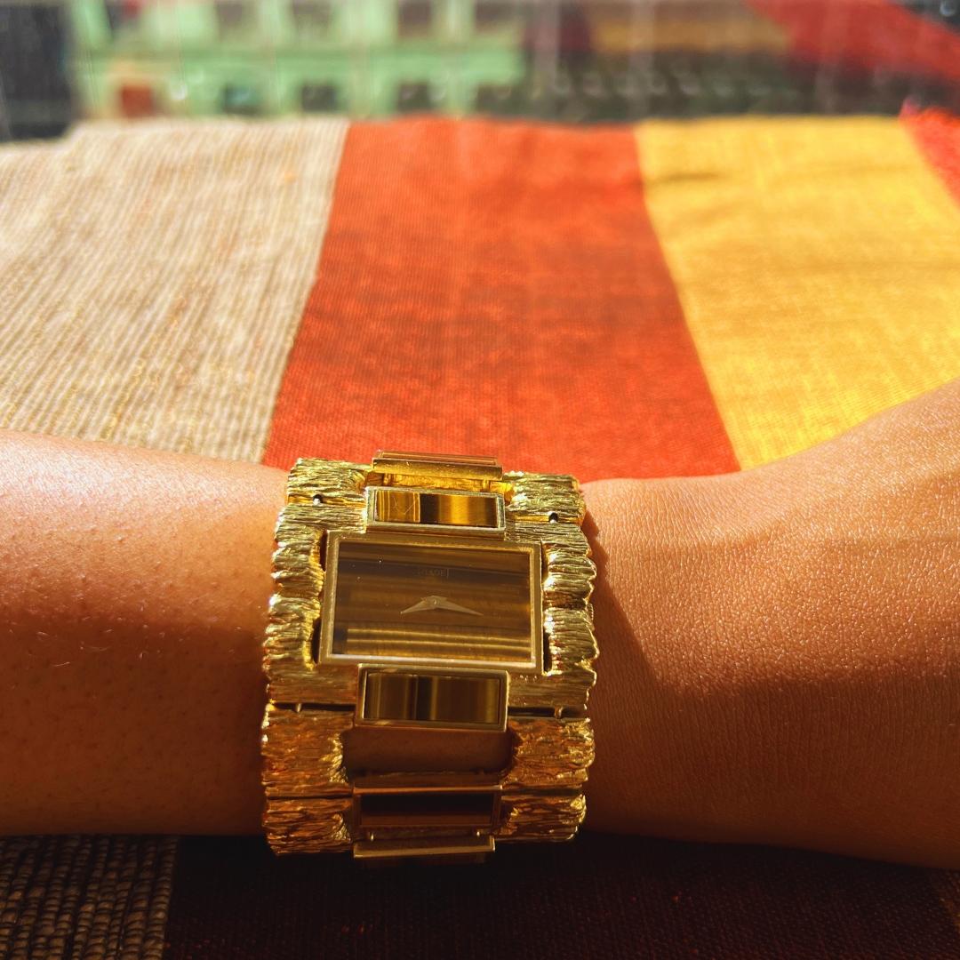 Women's or Men's Piaget Tiger's Eye and 18K Gold Wide Bracelet, c. 1970