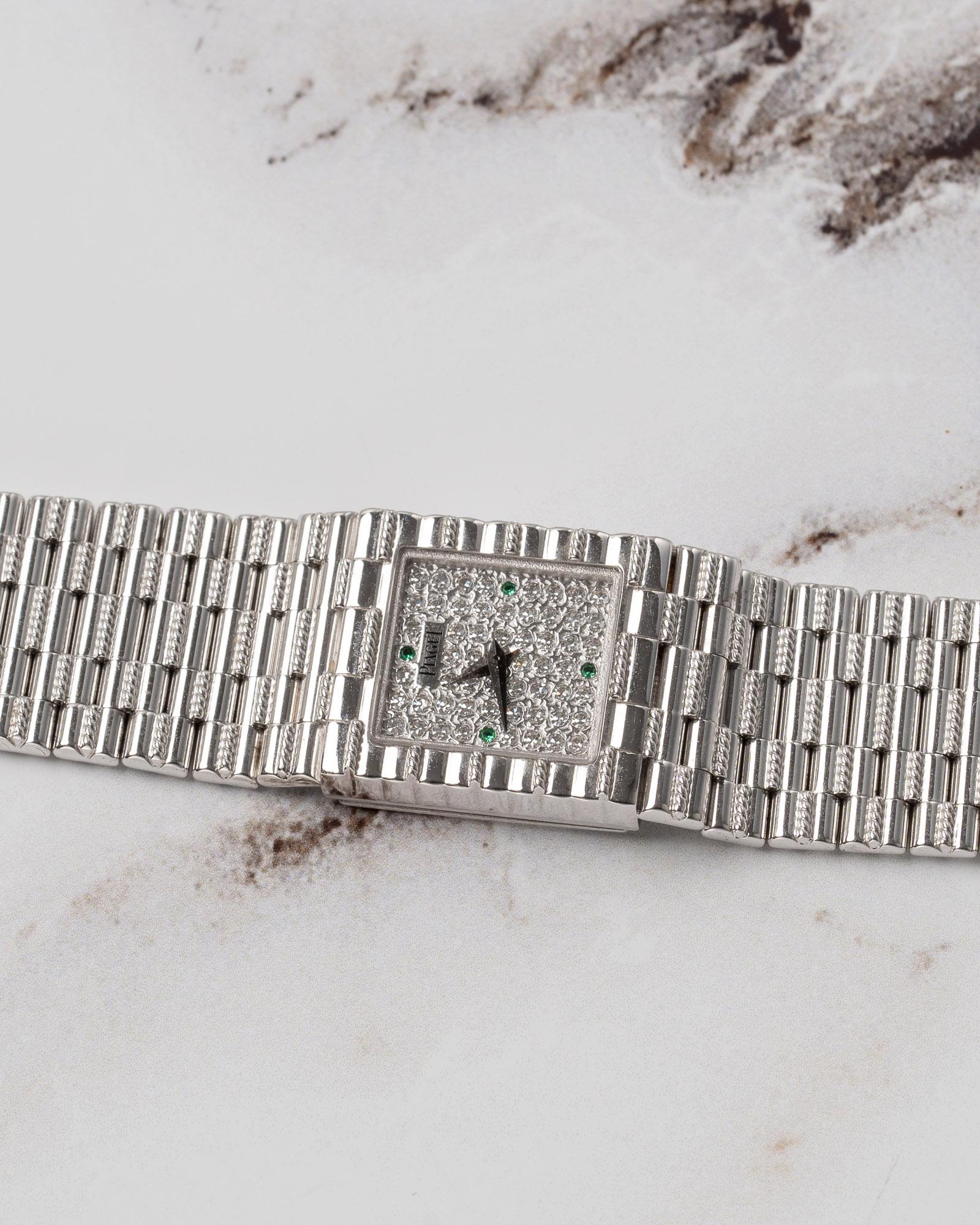 Piaget Traditional 15301 G2 Emeralds and Pave Diamond Dial 18k WG Box and Papers For Sale 4