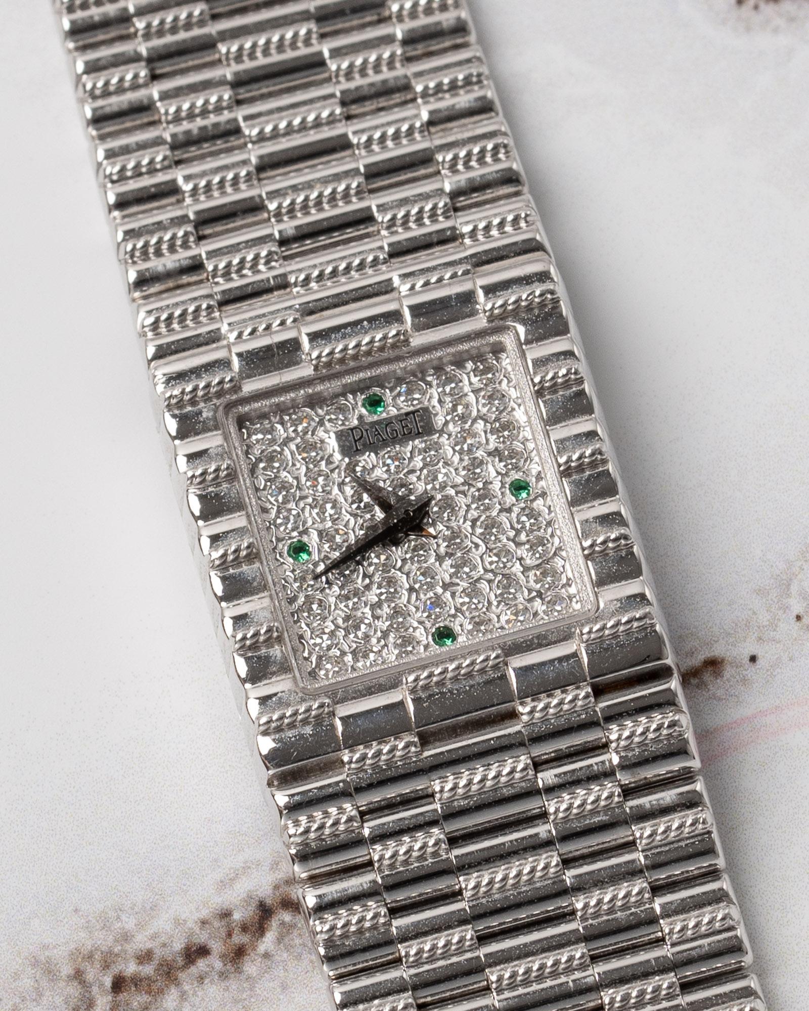 Piaget Traditional 15301 G2 Emeralds and Pave Diamond Dial 18k WG Box and Papers For Sale 7