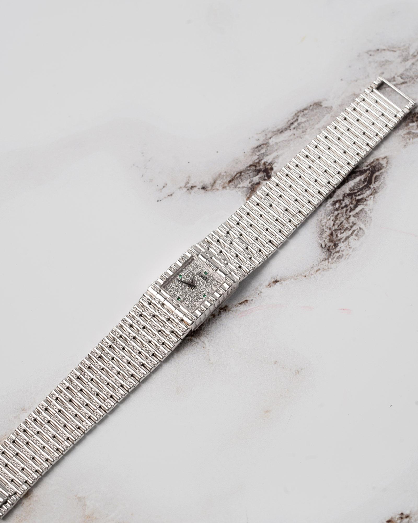 Piaget Traditional 15301 G2 Emeralds and Pave Diamond Dial 18k WG Box and Papers For Sale 6