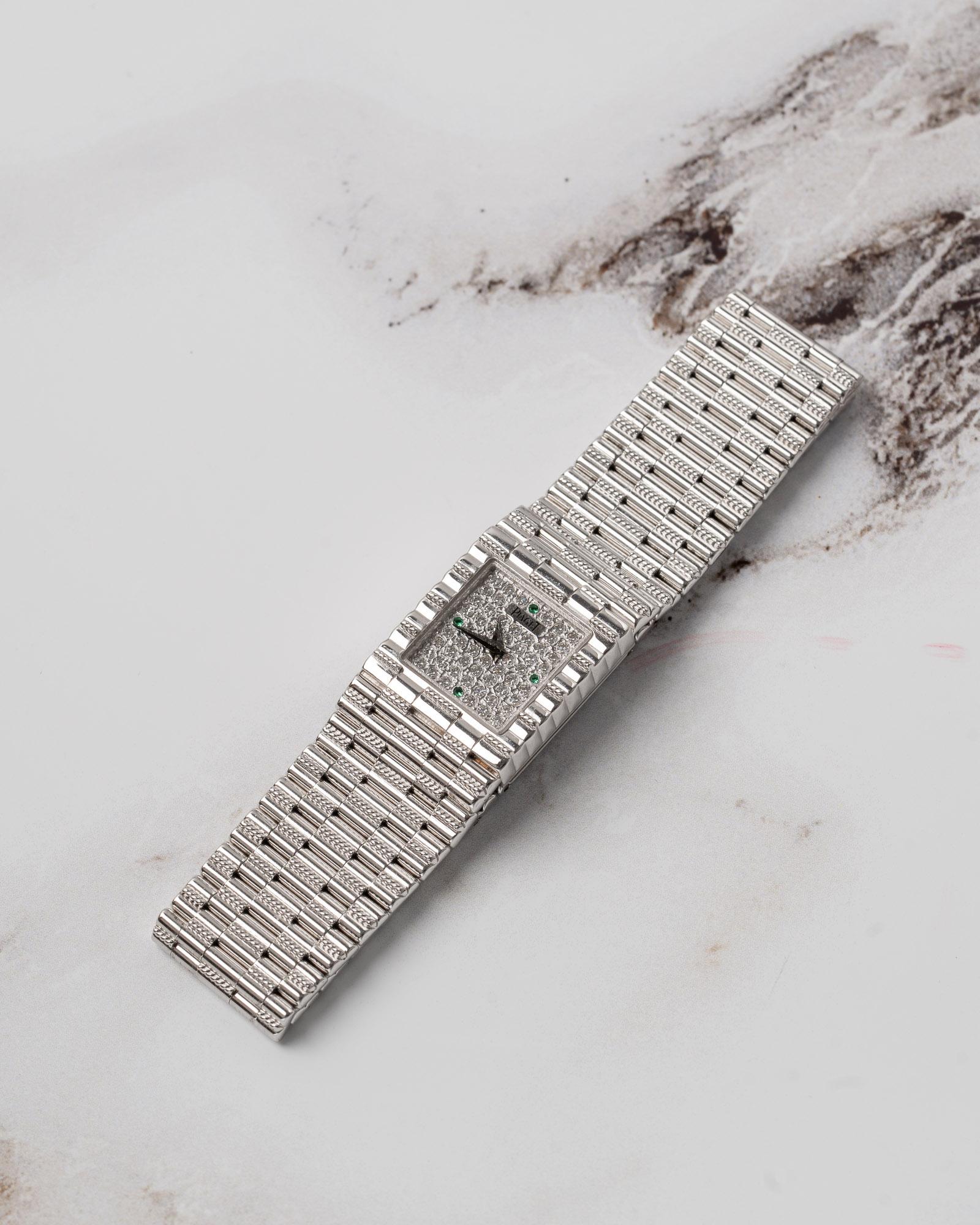 Piaget Traditional 15301 G2 Emeralds and Pave Diamond Dial 18k WG Box and Papers In Good Condition For Sale In SYDNEY, AU