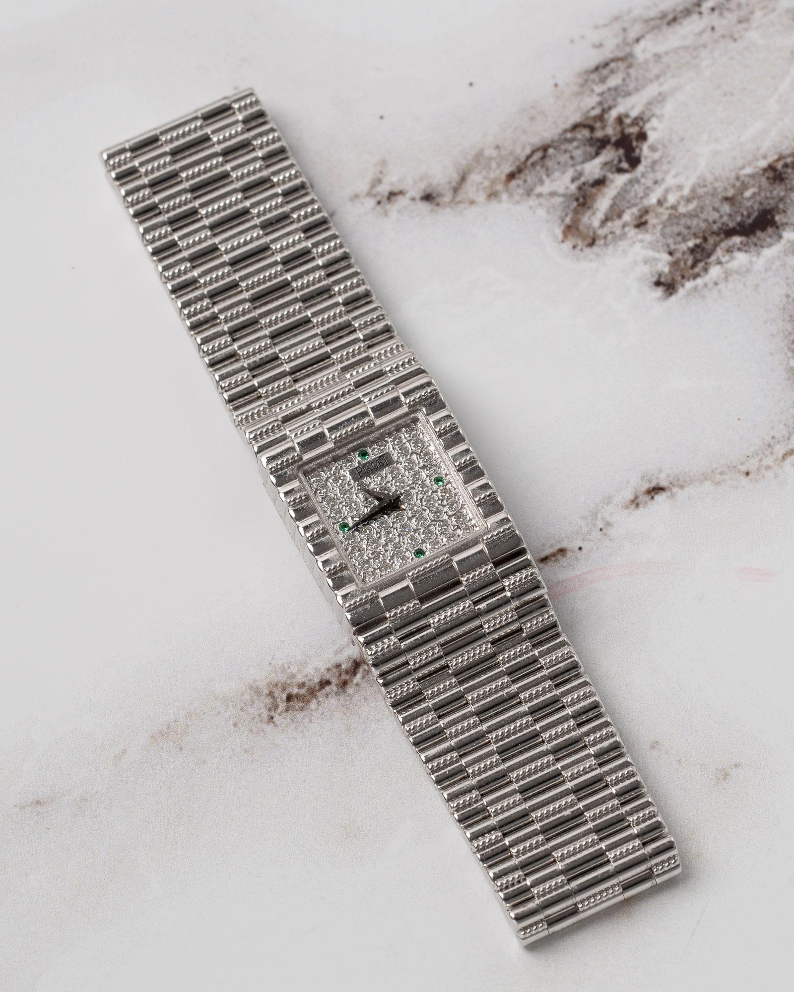 Women's Piaget Traditional 15301 G2 Emeralds and Pave Diamond Dial 18k WG Box and Papers For Sale