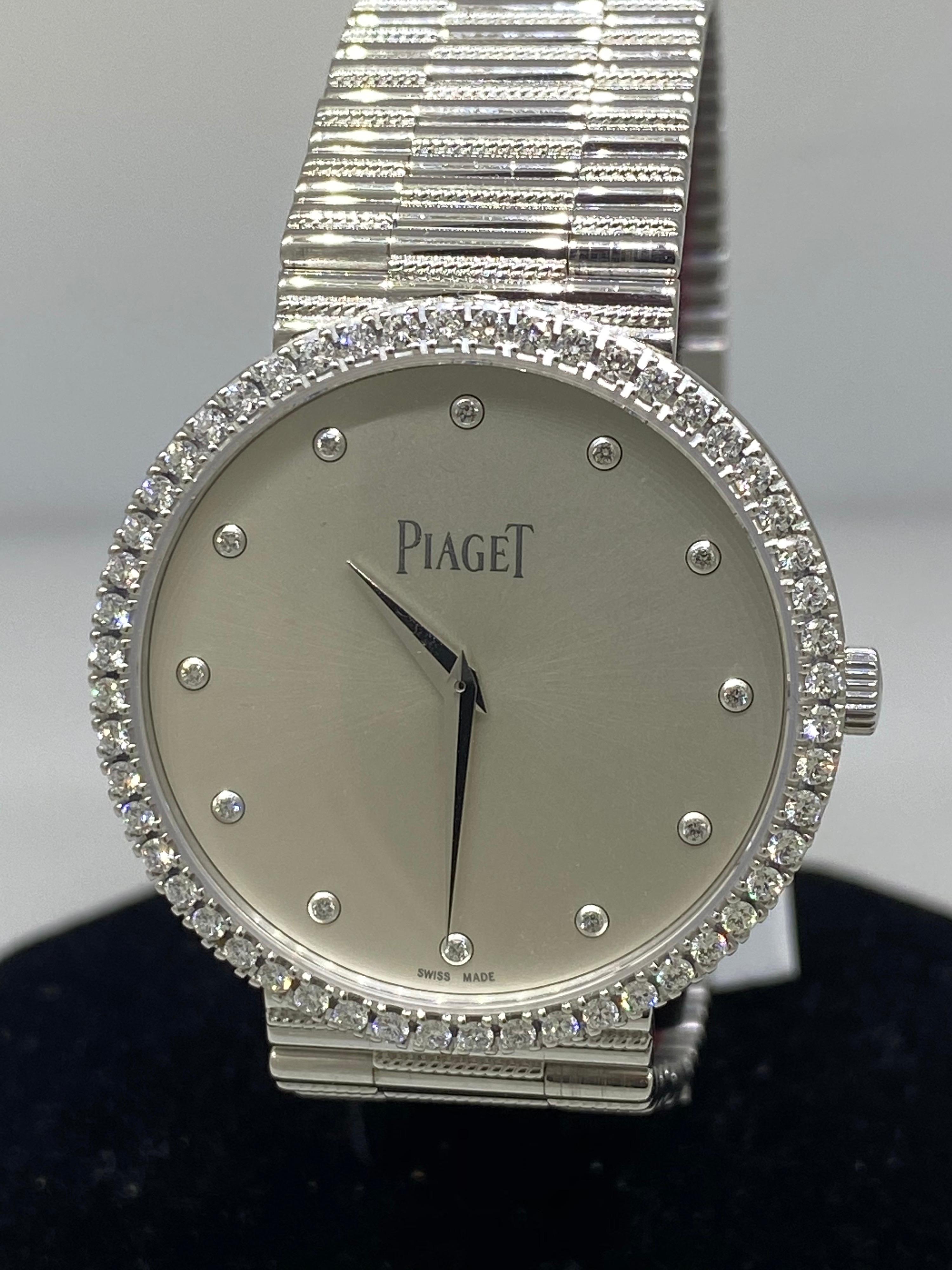 Piaget Traditional Ladies Watch

Model Number: G0A37045

100% Authentic

Brand New

Comes with original Piaget box and papers

18 Karat White Gold Case & Bracelet

Gold weight: 98.4gr

Bezel set with 52 diamonds (.8 carats)

Silver Dial

Diamond