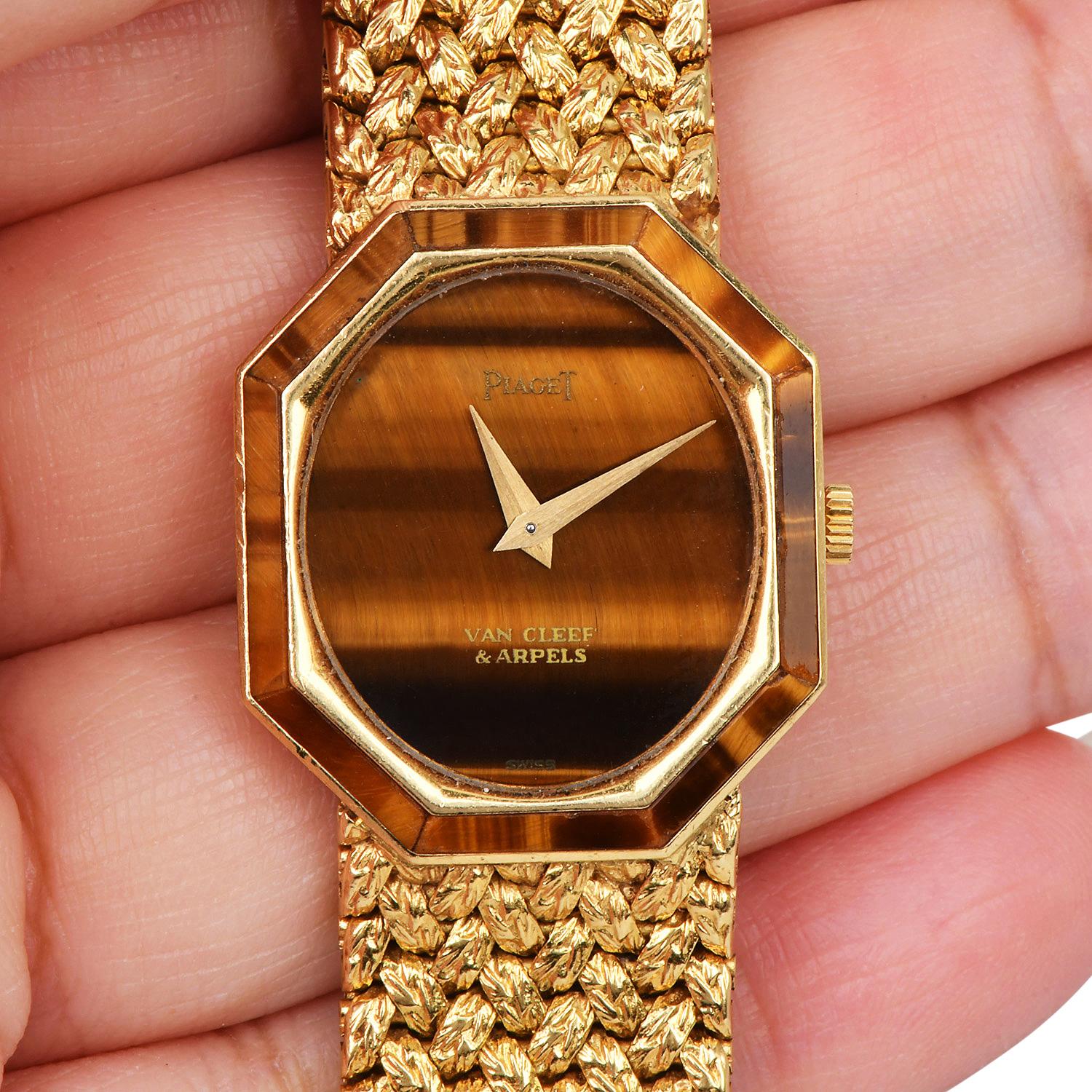 Piaget VCA 1970s  Tiger’s Eye Dial Octagon  18K Yellow Gold Watch For Sale 2