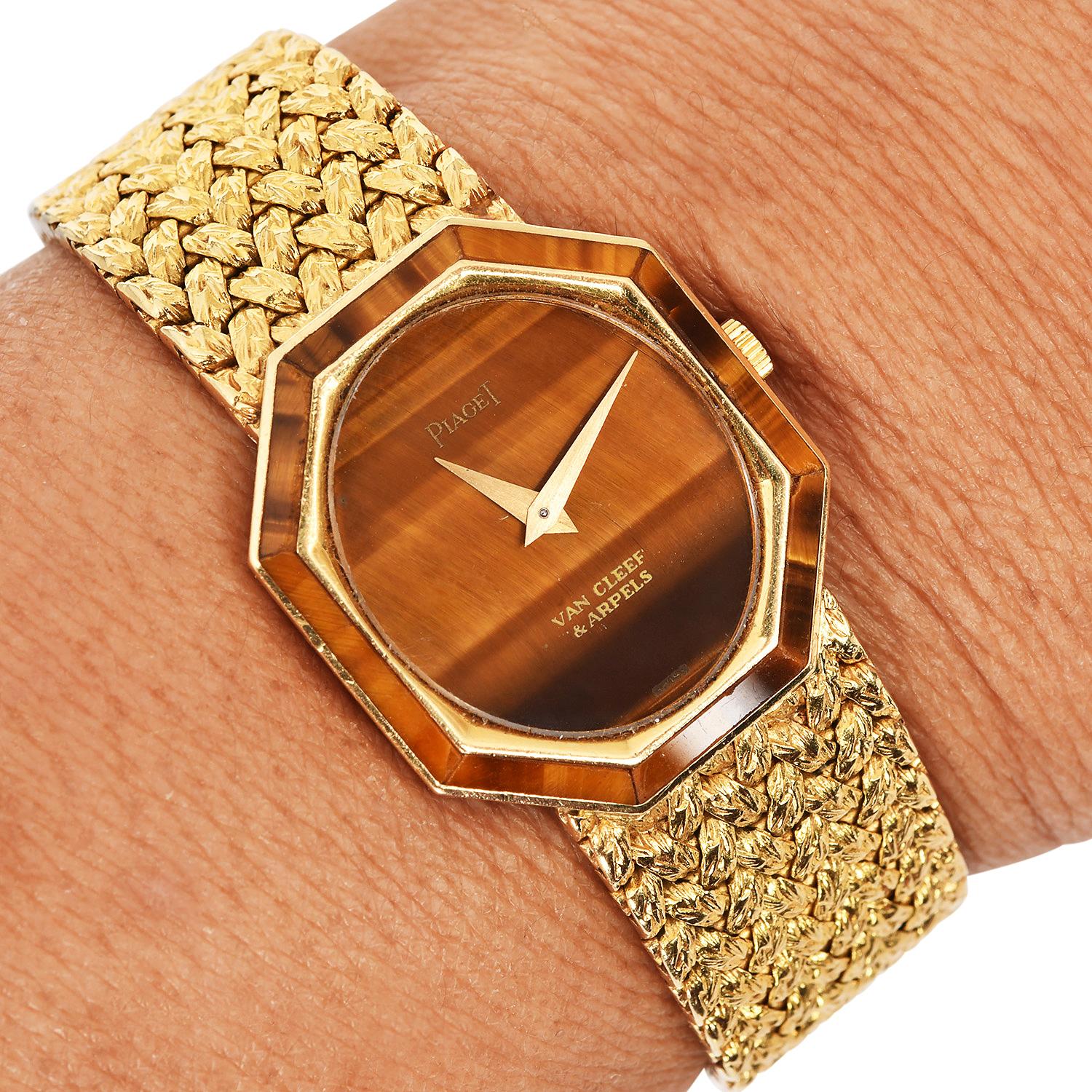 Piaget VCA 1970s  Tiger’s Eye Dial Octagon  18K Yellow Gold Watch For Sale 3