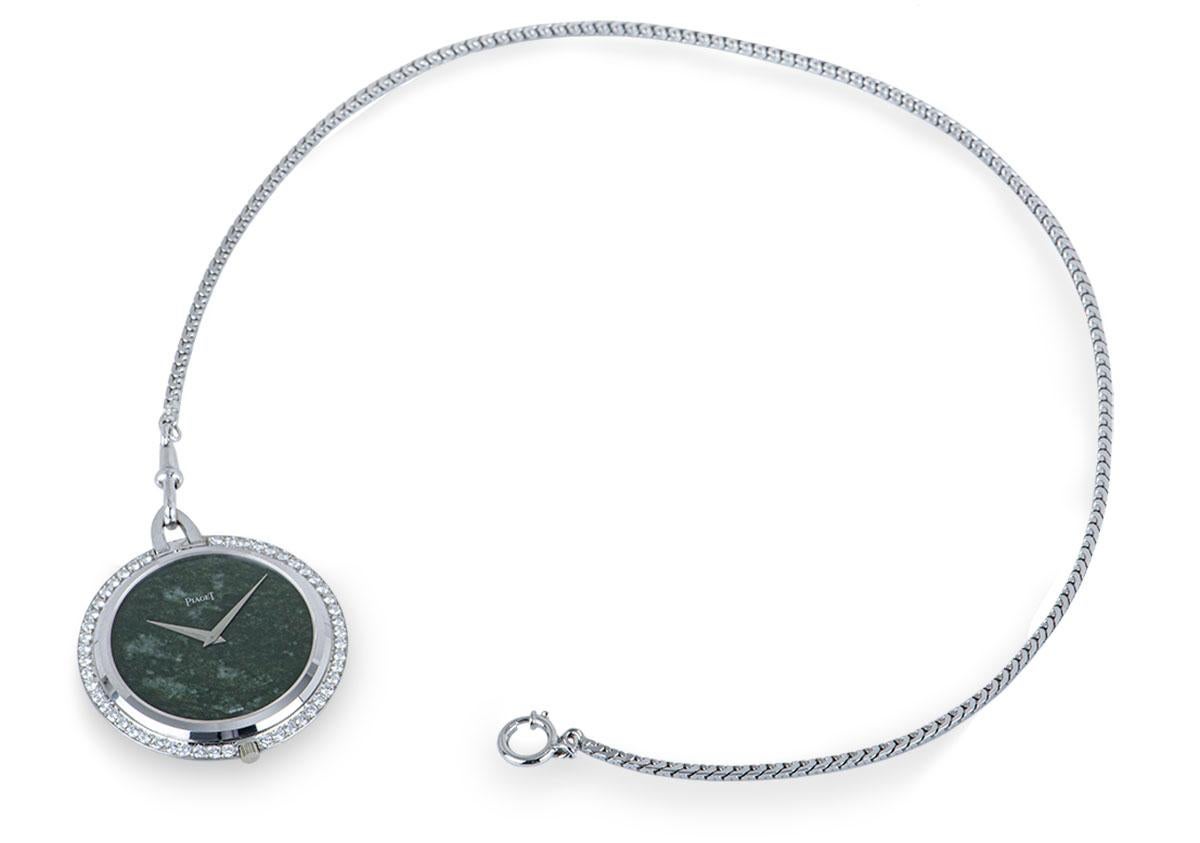 Piaget Very Rare Open Face Pocket Watch Vintage 18 Karat White Gold Jade Dial In Excellent Condition In London, GB