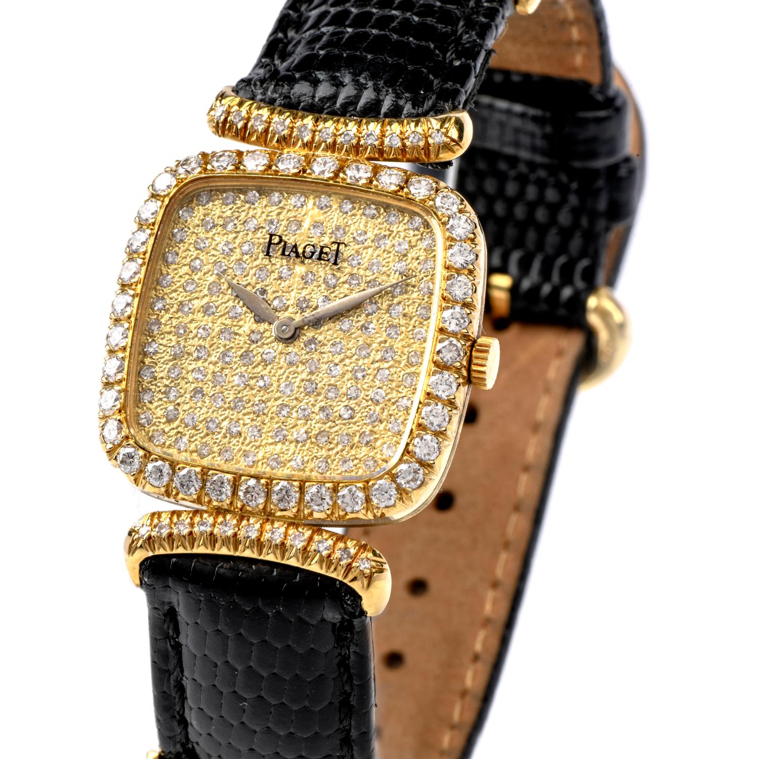 A Vintage  circa 1990's 18K yellow gold, Diamond Piaget watch features a

Pave Diamond Dial and bezel with hands cast in 18K yellow gold. mechanical Movement, cal. 9P2 manual winding nickel lever movement, 18 jewels, mono-metallic