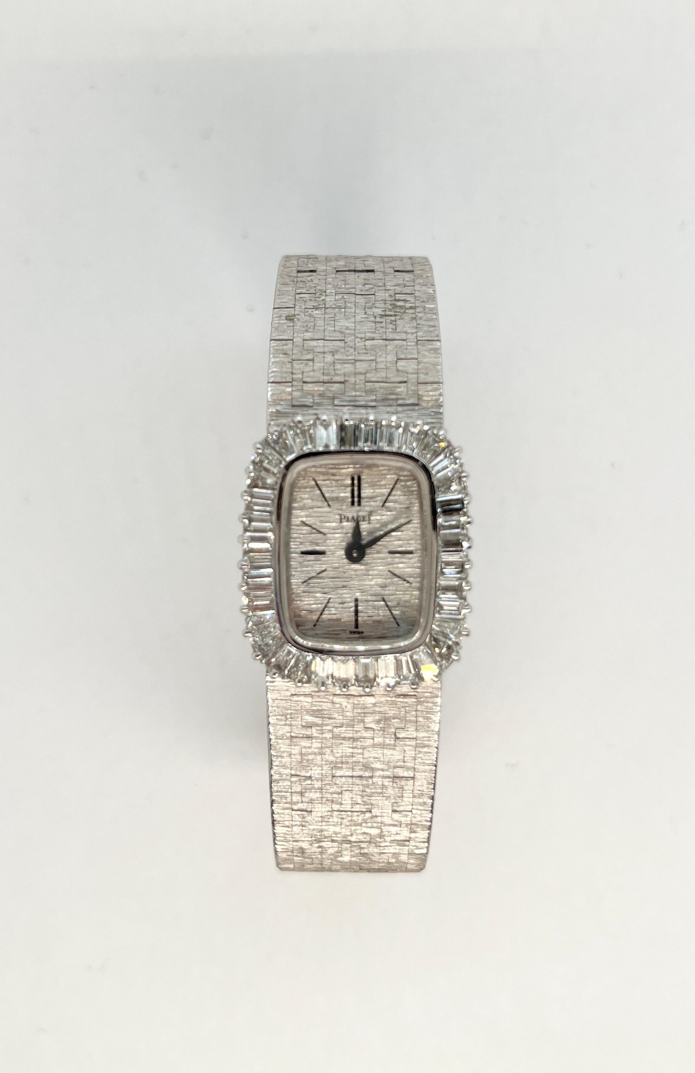 Tapered Baguette PIAGET Vintage 18K WG Diamond Ladies Watch  For Sale