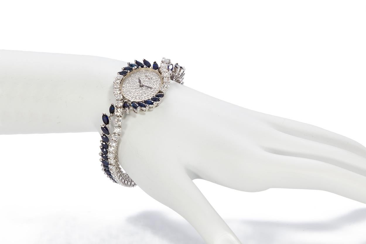 Round Cut Piaget Vintage 1950s Platinum Diamond and Sapphire Ladies Watch