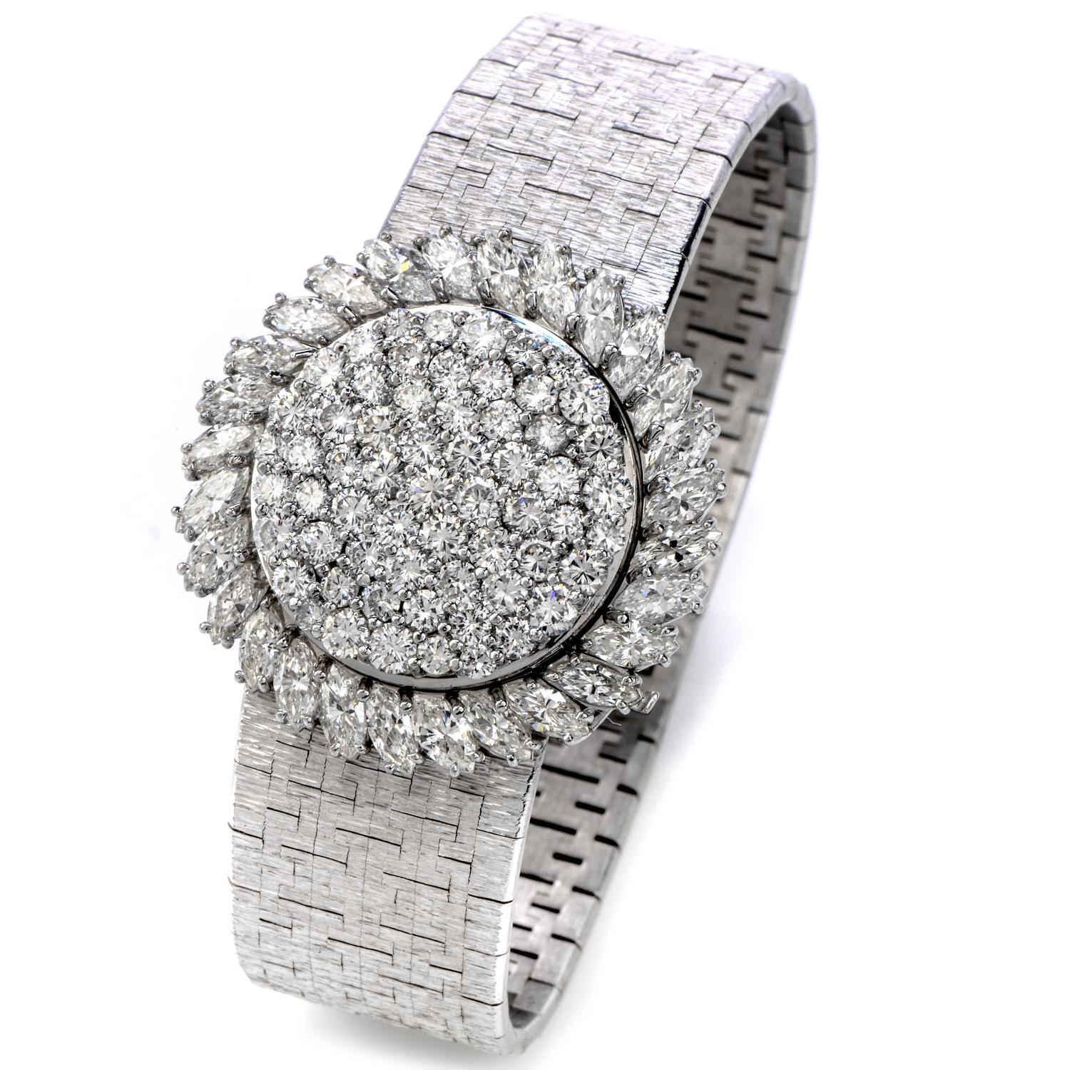 This stunning Vintage Diamond Piaget Ladies watch is crafted in 18K white gold. It features a beautiful diamond cover with marquise and round cut diamonds. This watch has winding movement, and fits a 6 1/2