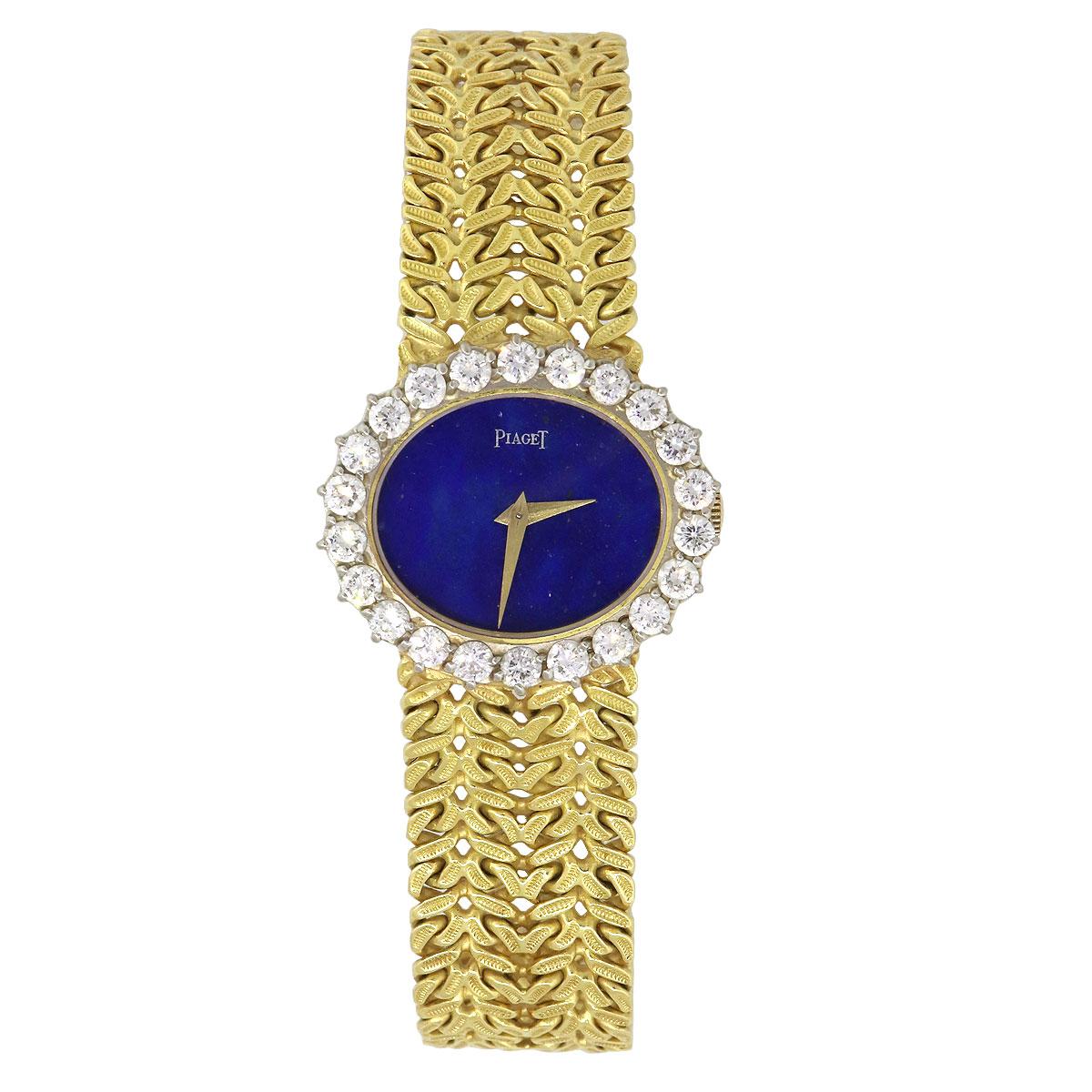 Brand: Piaget
Case Material: 18k yellow gold
Case Diameter: 26mm
Crystal: Sapphire crystal (scratch resistant)
Bezel: 18k yellow gold with diamonds
Dial: Blue lapis oval dial
Bracelet: 18k yellow gold bracelet
Size: Will fit a 5.50