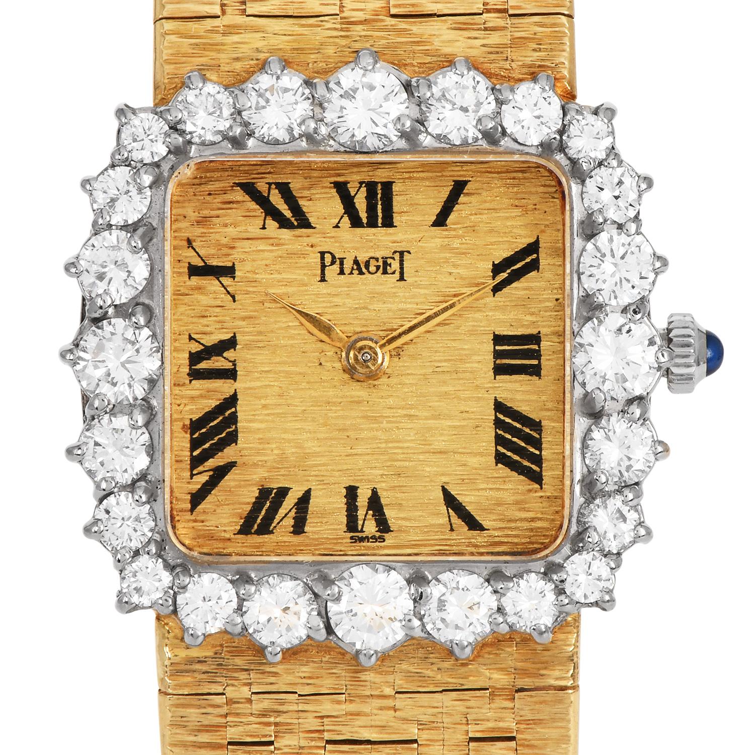 This vintage 18K yellow gold Diamond Piaget watch has a classic halo-shaped diamond bezel. surrounded by 22 round-cut factory set diamonds,  prong-set, weighing approx. 1.60 carats, G-H color &  VS Clarity. More information regarding this