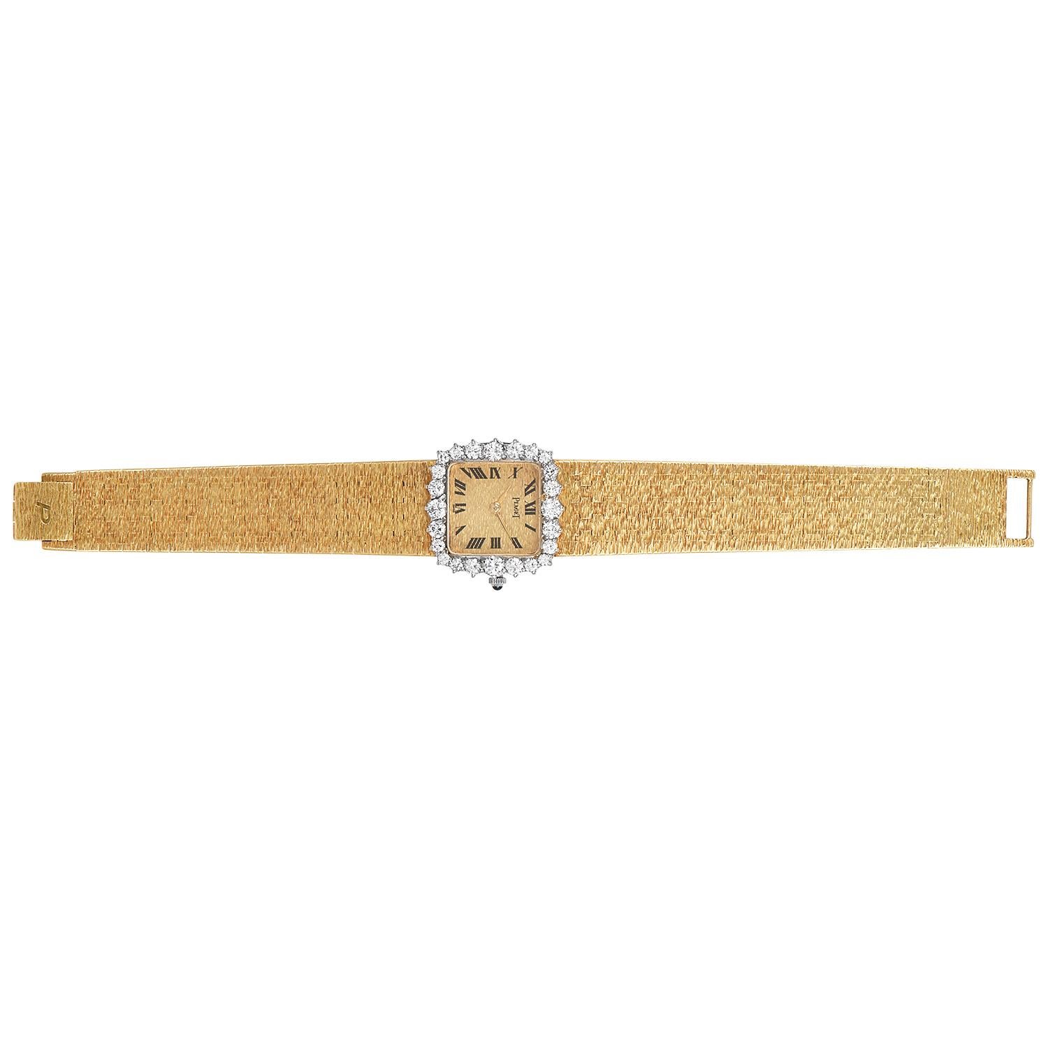 Round Cut Piaget Vintage Diamond 18K Yellow Gold Bark Bracelet Watch For Sale