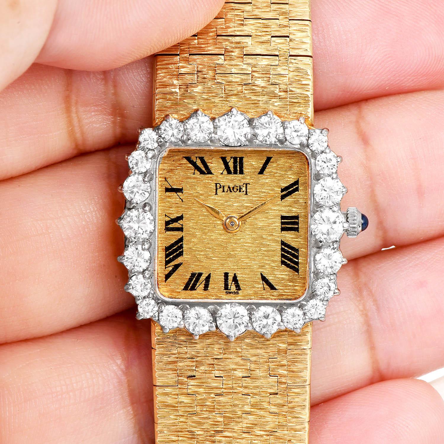 Piaget Vintage Diamond 18K Yellow Gold Bark Bracelet Watch In Excellent Condition For Sale In Miami, FL