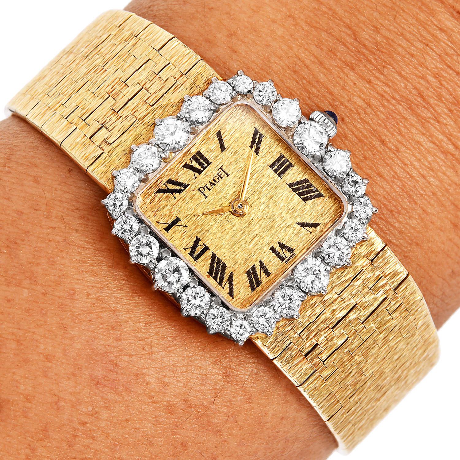 Women's Piaget Vintage Diamond 18K Yellow Gold Bark Bracelet Watch For Sale